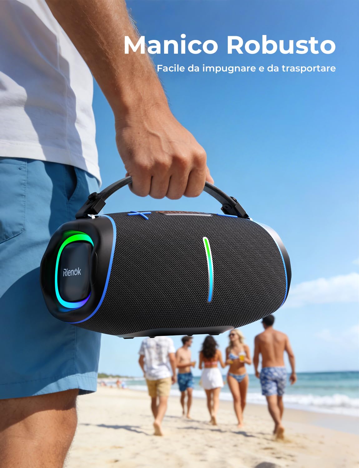 RIENOK Cassa Bluetooth Potente 100W, Impermeabile IPX6 per Esterno Feste | 2 Tweeter 2 Woofer, Supporto USB /Scheda TF /AUX, 30 Ore di Autonomia, Vero Stereo Senza Fili, Chiamate in Vivavoce