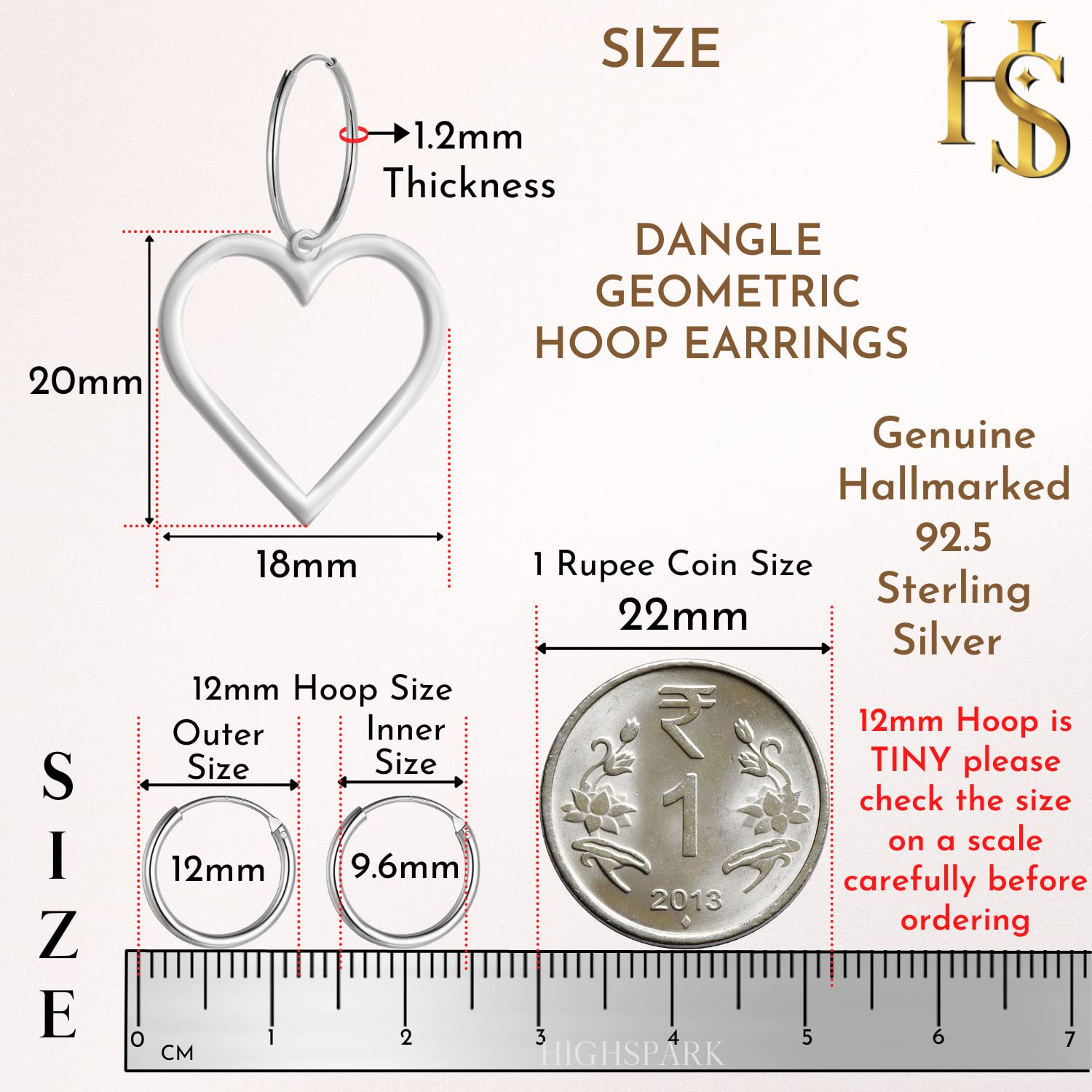 925 Sterling Dangling Hoop Earrings Heart Shape