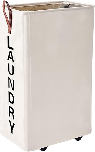 Cesta de lavandería grande de 92 litros con mango de cuero, cesta de lavandería estable con ruedas, canasta grande, cesta de lavandería con ruedas,