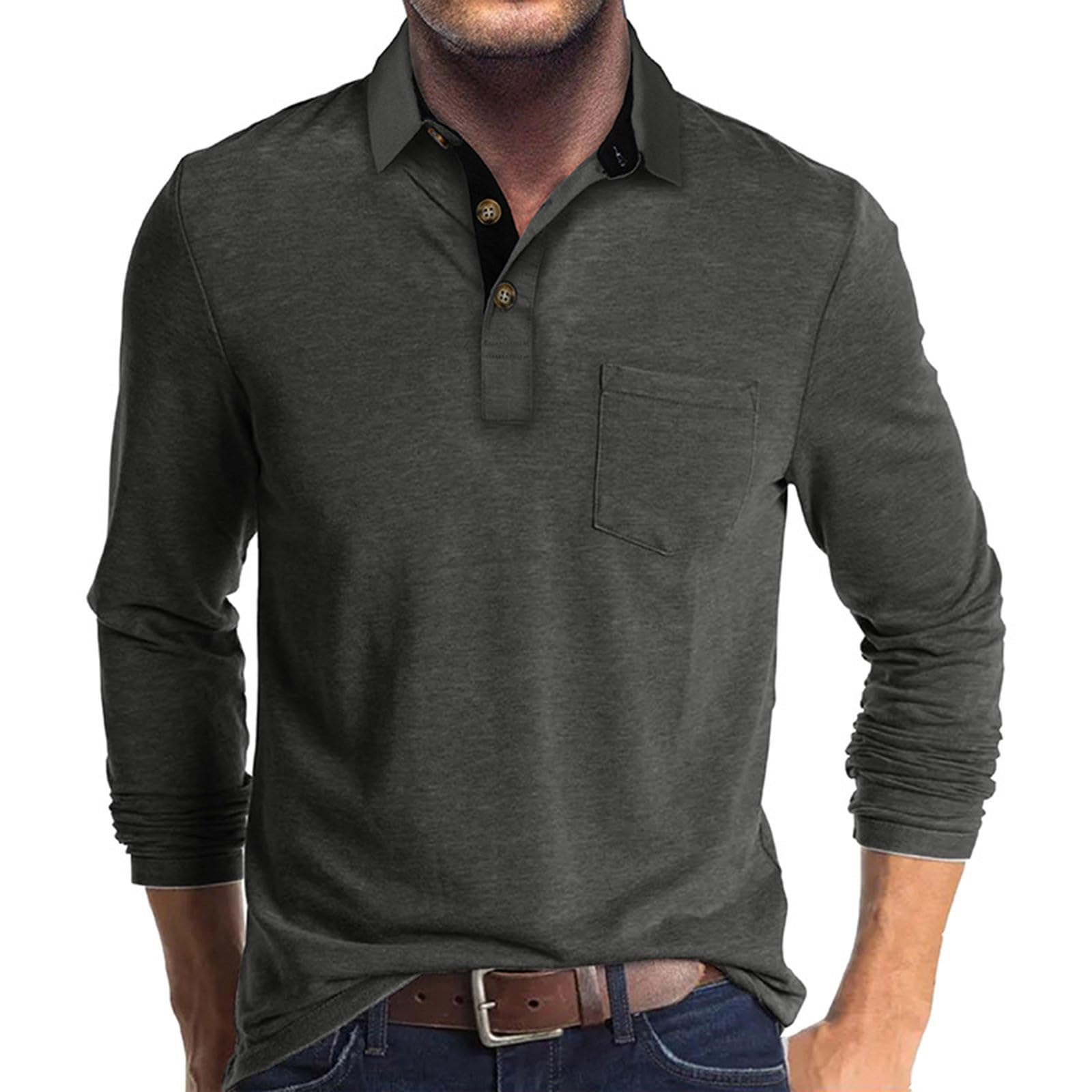 UHouse Poloshirt Herren Langarm Shirt Basic Baumwolle Langarmshirt mit Knopfleiste Warehouse Deal Polohemd mit Brusttasche Leichte Sommershirt Regular Fit Polo Shirt Grau XXL