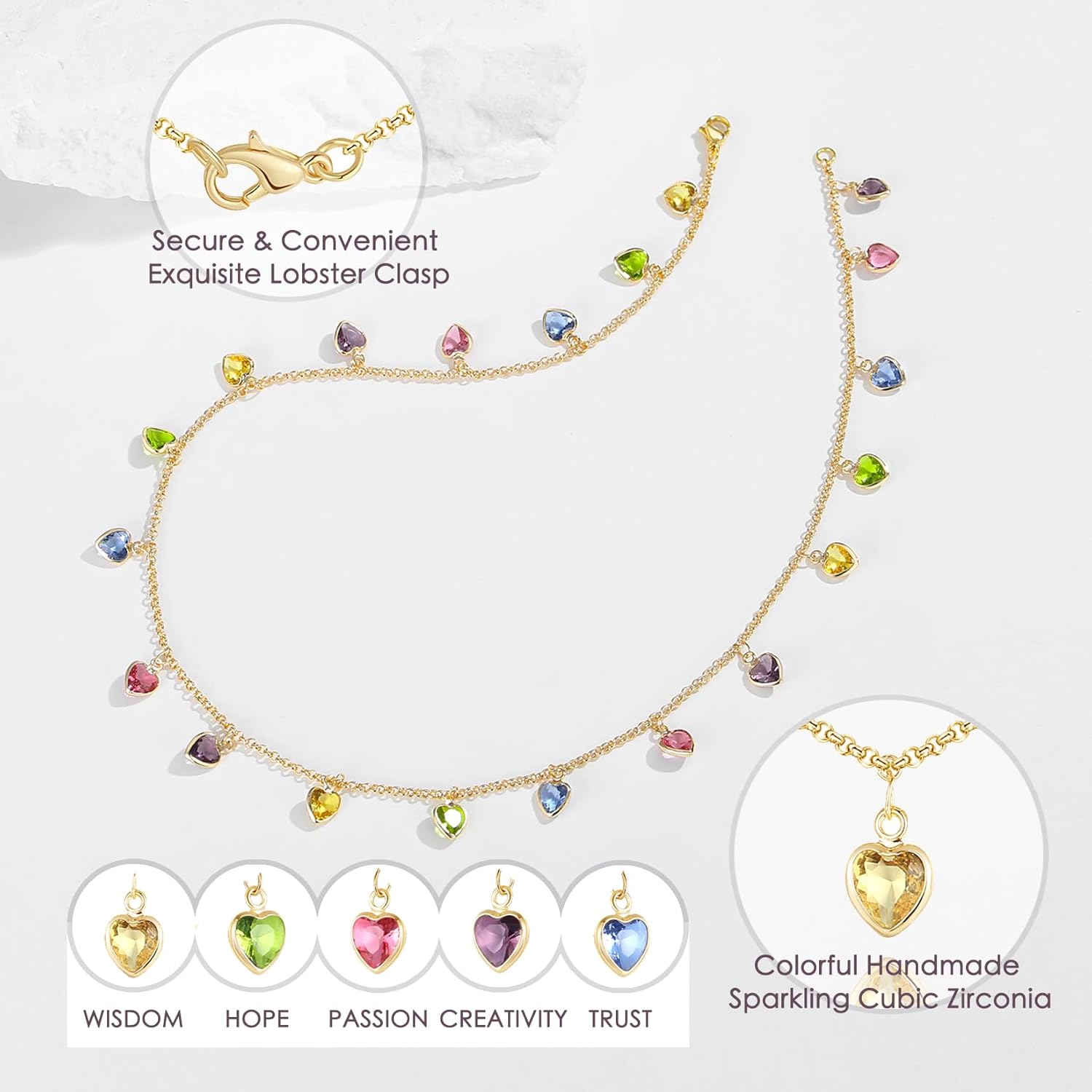 Cubic Zirconia Station Necklace for Women, 18K Gold Plated Crystal Gemstone Choker Necklace, 16",18" - Image 3