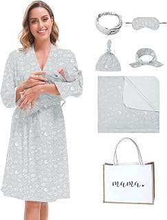 MORFORU Maternity Robe and Baby Swaddle Blanket Set, Mommy Delivery Robe Baby Blanket Hairband Hat Hairtie Hospital Bag