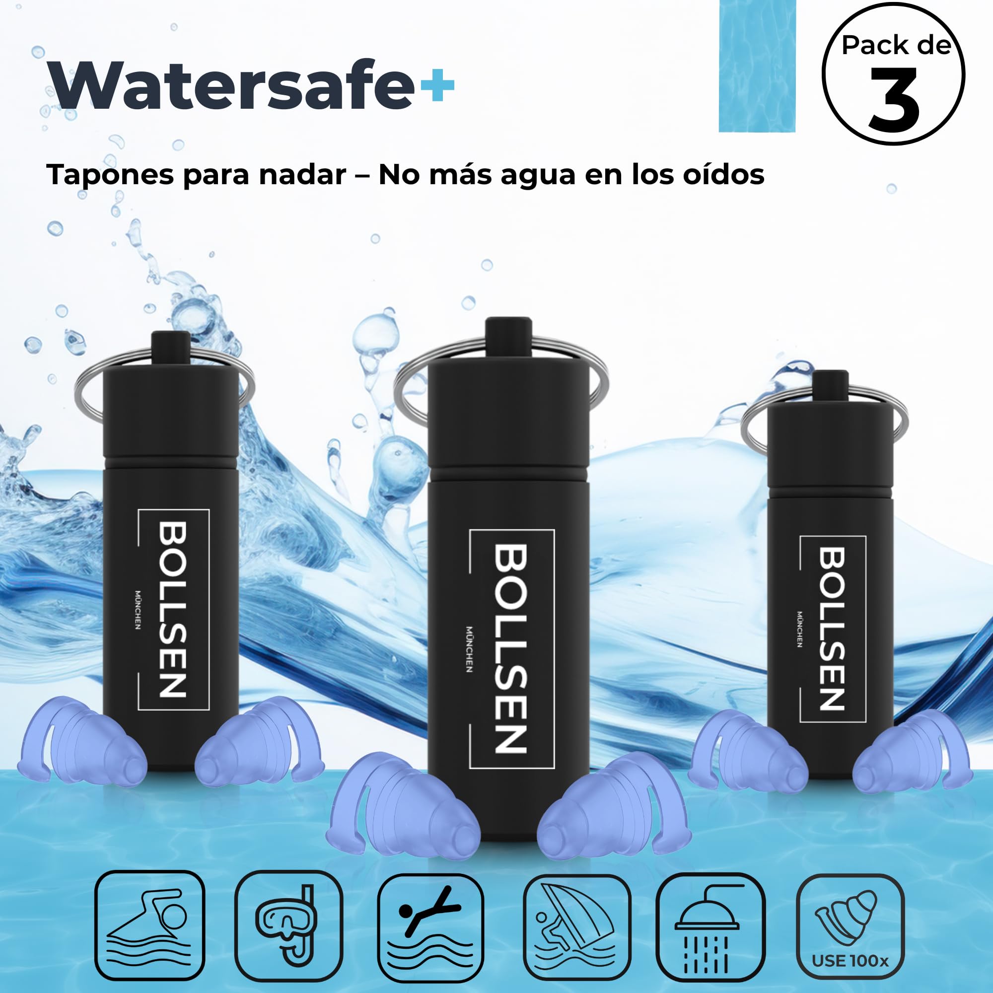 BOLLSEN Watersafe+ Tapones para los oídos de natación – Tapones de silicona reutilizables para natación, ducha, baño y deportes acuáticos – Tapones impermeables con reducción de ruido de 24 dB SNR (3)