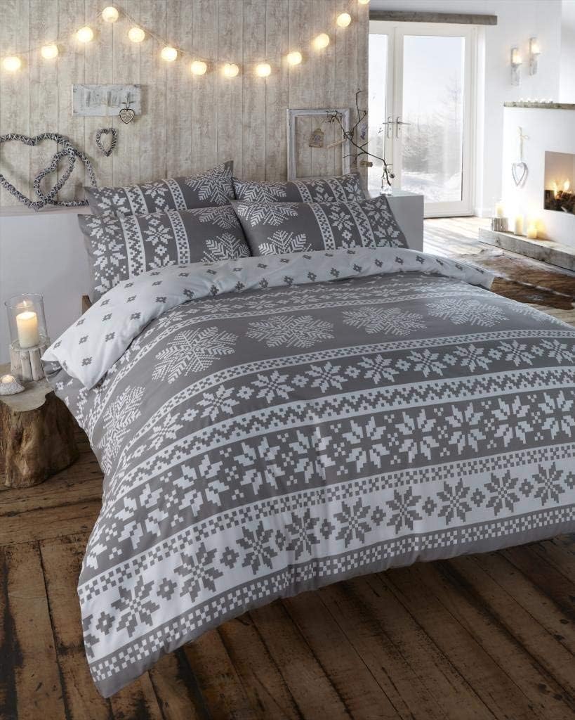 Innsbruck Flannelette Scandinavian Grey King Quilt Duvet Cover and 2 Pillowcase Brushed Cotton Bedding Bed Set, Grey