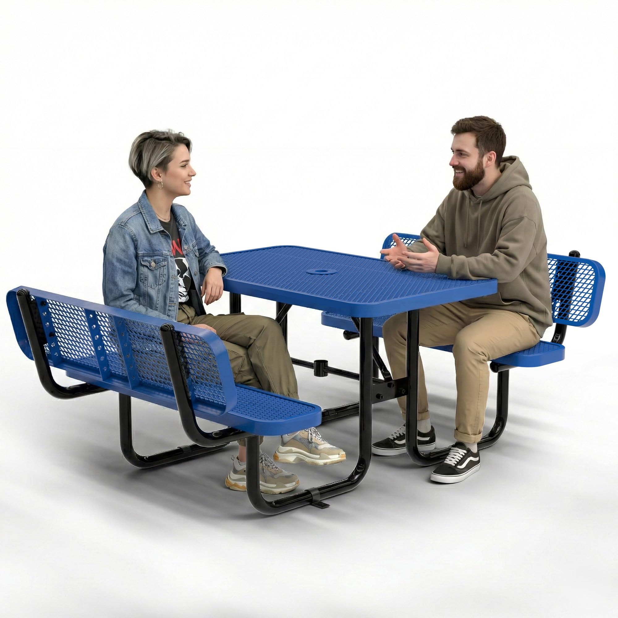 OUTTANS Commercial Heavy-Duty Metal Picnic Table - ADA Compliant, Adjustable Seats, Umbrella Hole, Expanded Metal (Blue, 4' Rectangular with Back)