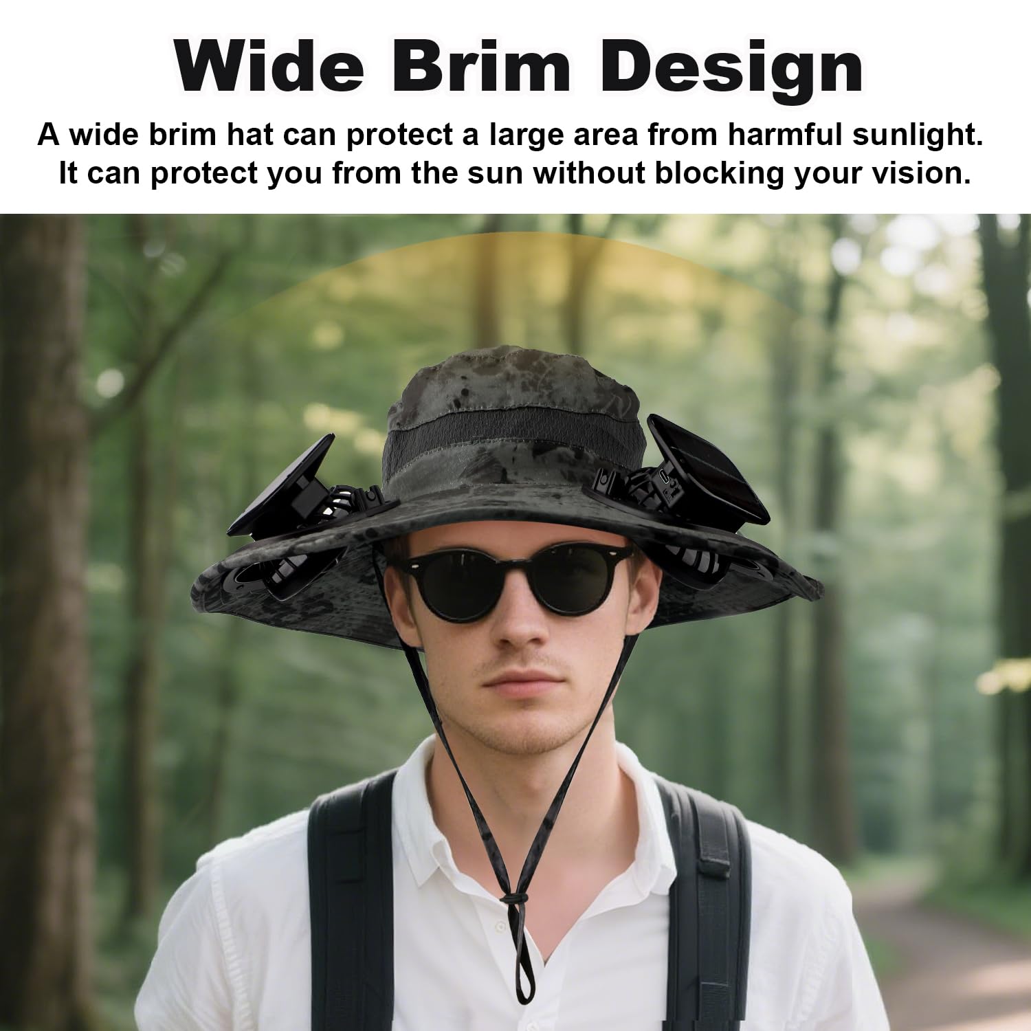 Chapeau Solaire avec Ventilateur, Chapeau de Soleil à Large Bord Gris Foncé avec 2 Ventilateurs de Charge Amovibles pour Femmes Hommes Chapeaux à Ventilateur Solaire pour Randonnée en Plein Air