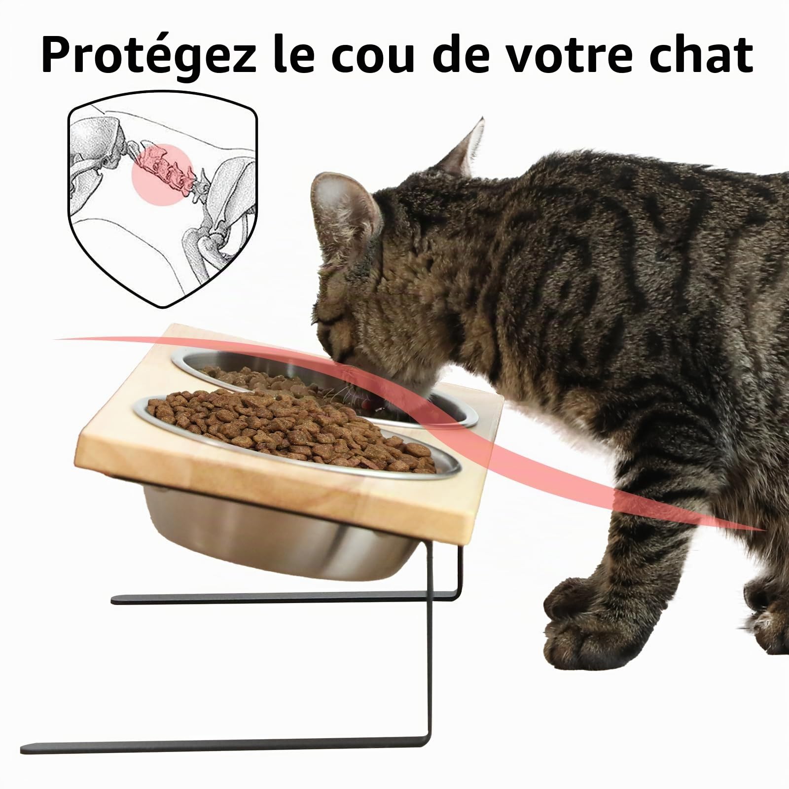 FUKUMARU Gamelles surélevées pour Chats, Petit Chien incliné à 15° en Acier Inoxydable, Support de Bol surélevé en Bambou Massif pour Animaux de Compagnie