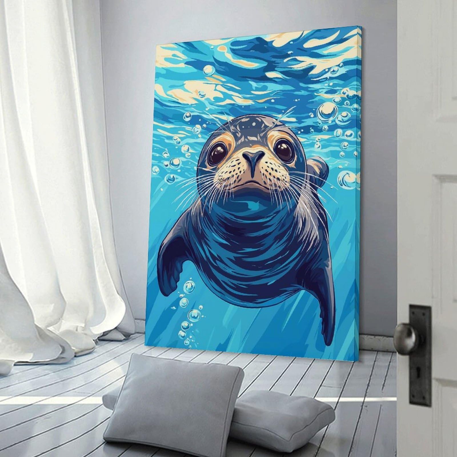 Junmoney Frame-Style-15 Seal Underwater Illustration Canvas Wall Art 12X18inch(30X45cm), For Workspace Walls, Study Corners Or Bedrooms, Wall Art That Adds Style To Work Areas