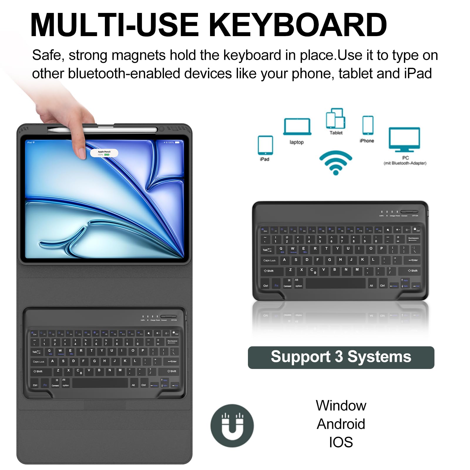 iPad Air 13 inch Case Keyboard (M3 2025 / M2 2024), Detachable Bluetooth Keyboard, Auto Sleep/Wake, Long Battery Life, Slim Cover with Pencil Holder for iPad 12.9” 6th/5th/4th/3rd (2022-2018) Black