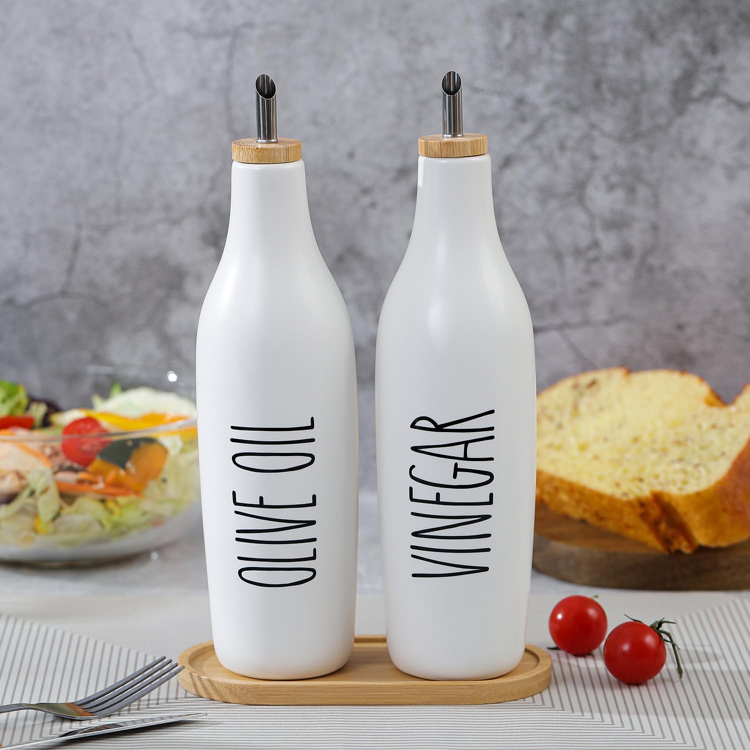 HOMCDALY Dispensador de aceite de oliva de cerámica para cocina, dispensador de botellas de aceite y vinagre de gres de 16 onzas, botella dispensadora de cocina para jarabes de vinagre AOVE, diseño
