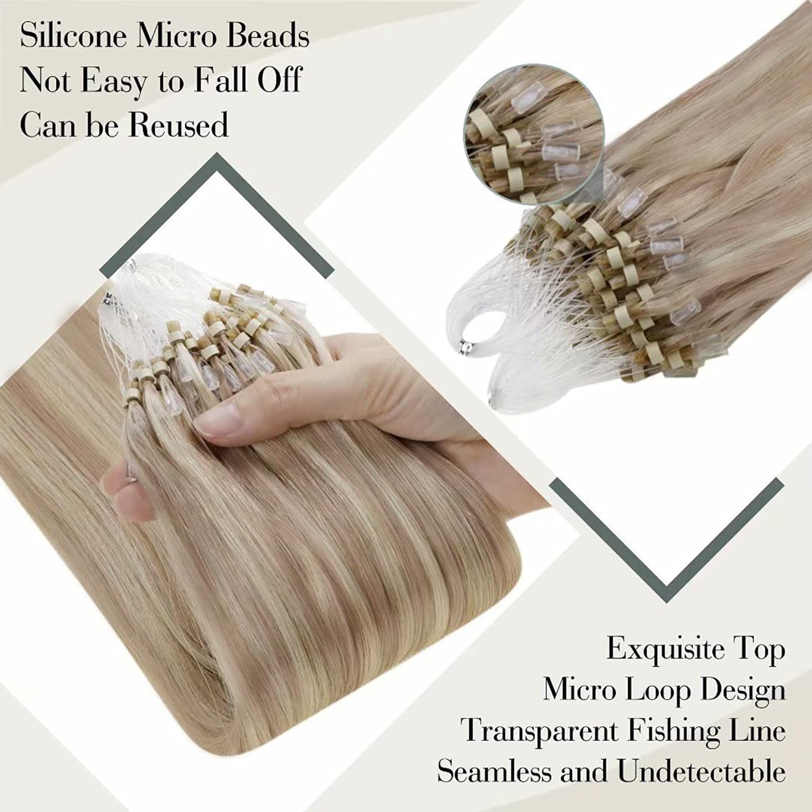 LaaVoo Micro Beads Hair Extensions, Highlight Ash Blonde & Platinum Blonde Real Human Hair Remy Straight - Image 2