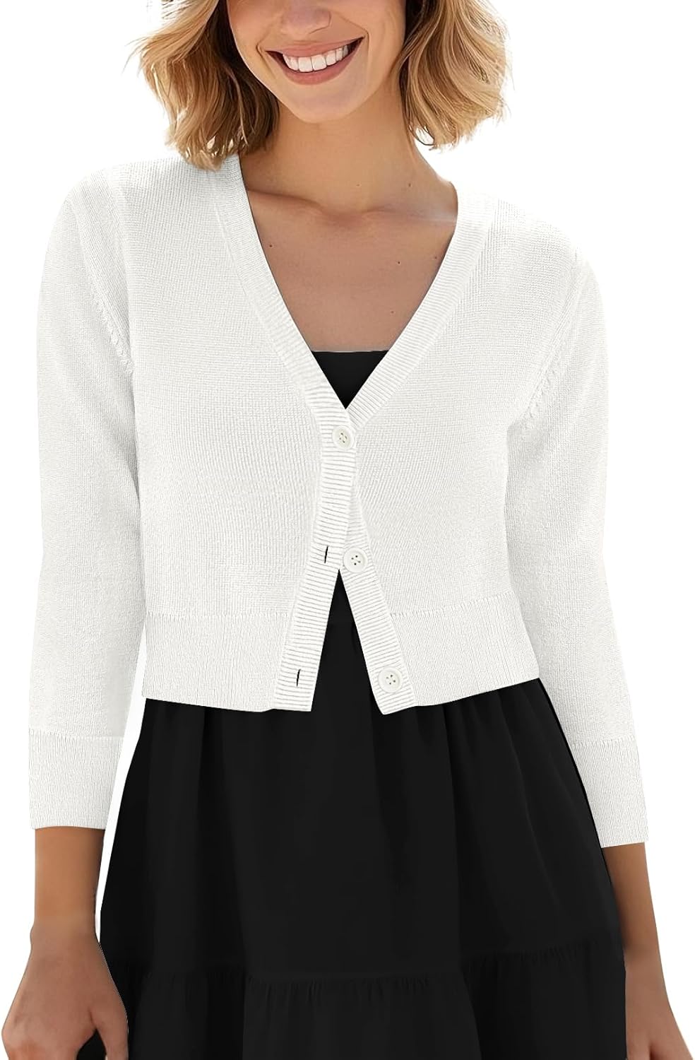 Urban CoCo Women's Cropped Cardigan V-Neck Button Down Knitted Sweater 3/4 Sleeve