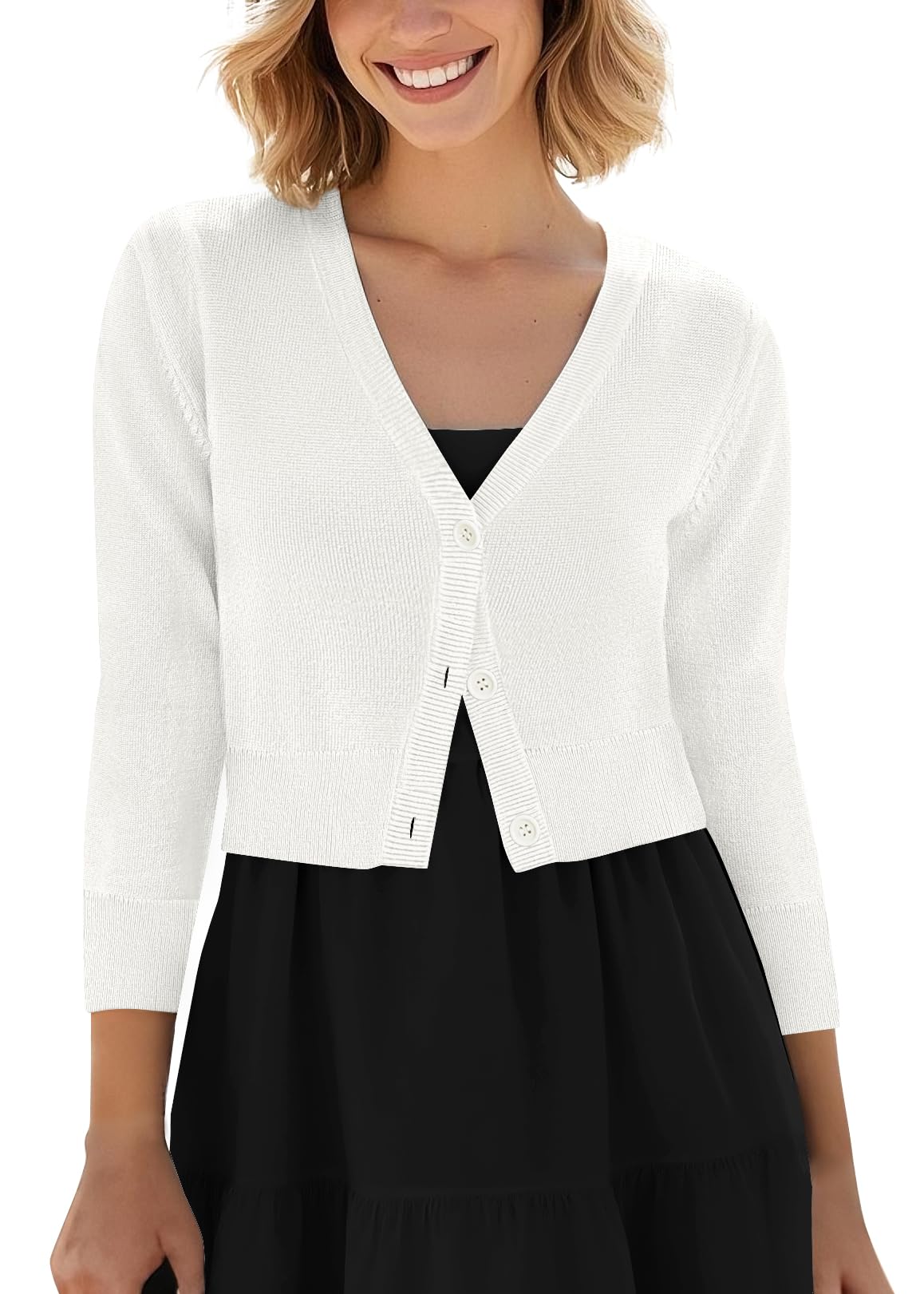 Urban CoCoWomen's Cropped Cardigan V-Neck Button Down Knitted Sweater 3/4 Sleeve
