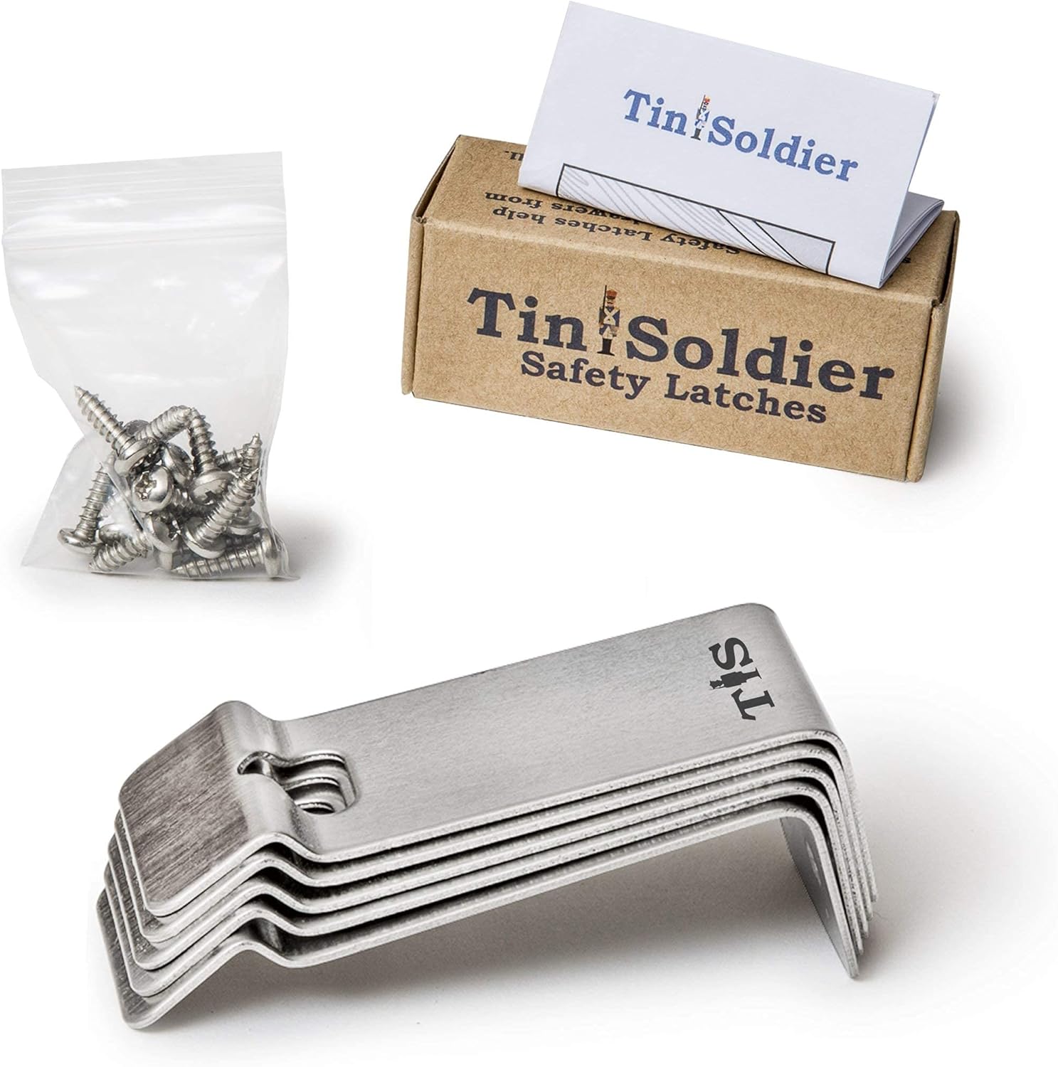 Tin Soldier Metal Cabinet and Drawer Safety Latches childproofing Lock (5-Piece Set) | Heavy-Duty Stainless Steel Design | Business, Kitchen, Bathroom, Garage, RV | Kids, Pets | Includes Hardware