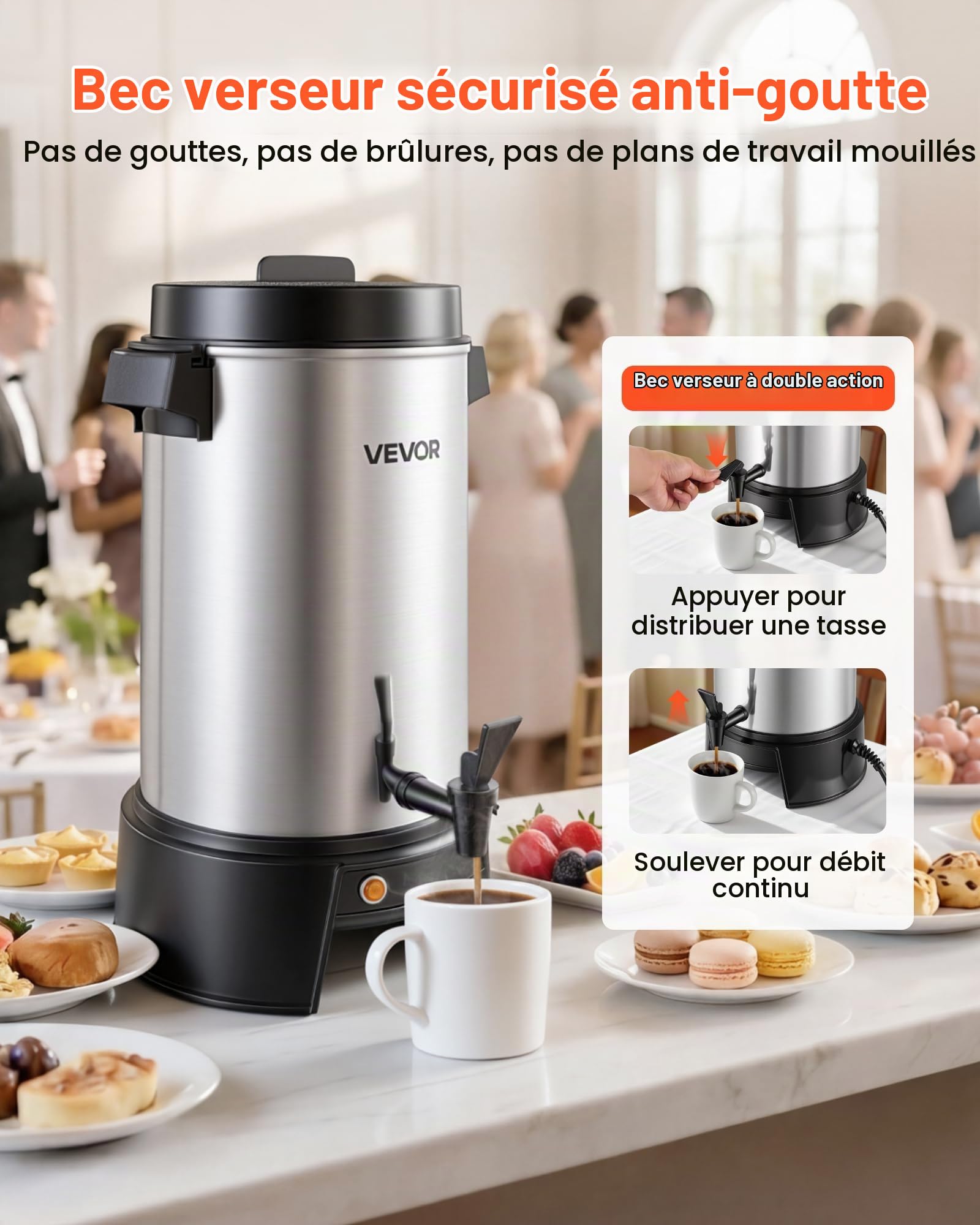 VEVOR Percolateur à Café 6,3 L 42 Tasses Distributeur de Boissons Chaudes, Pour Thé Chocolat Bureau Restauration Fête, Marmite à Vin Chaud 84-94 ℃, Fontaine à Café Infusion Rapide, Robinet Anti-goutte