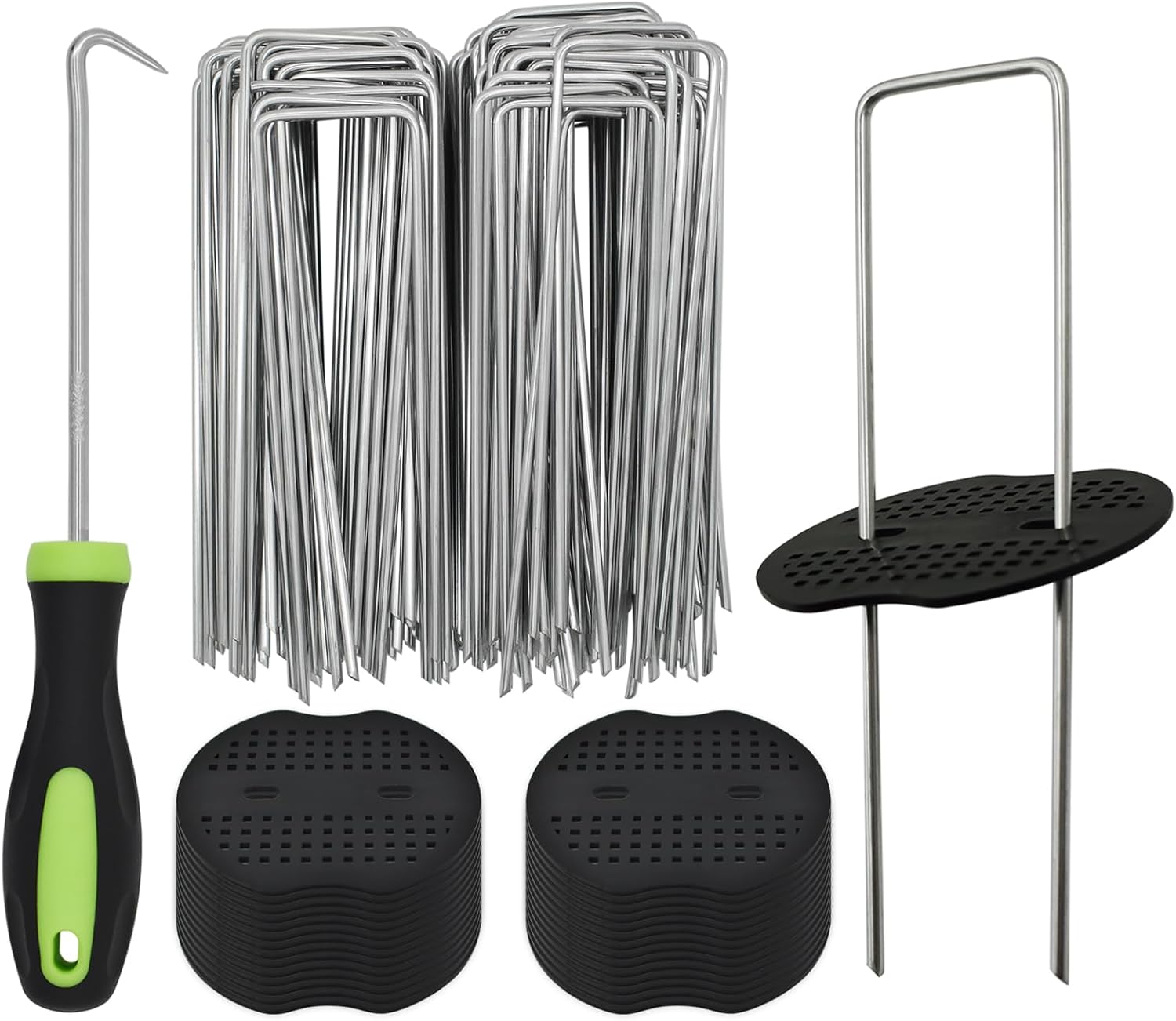 BDS-HOME 100sets Heavy Duty Garden Landscape Staples and Fixing Gasket with 1pc pick hook, 11 Gauge U Shaped Lawn Staples for Irrigation Hoses, Yard Weed Barrier, Fences and Tents, Decorations Fixed