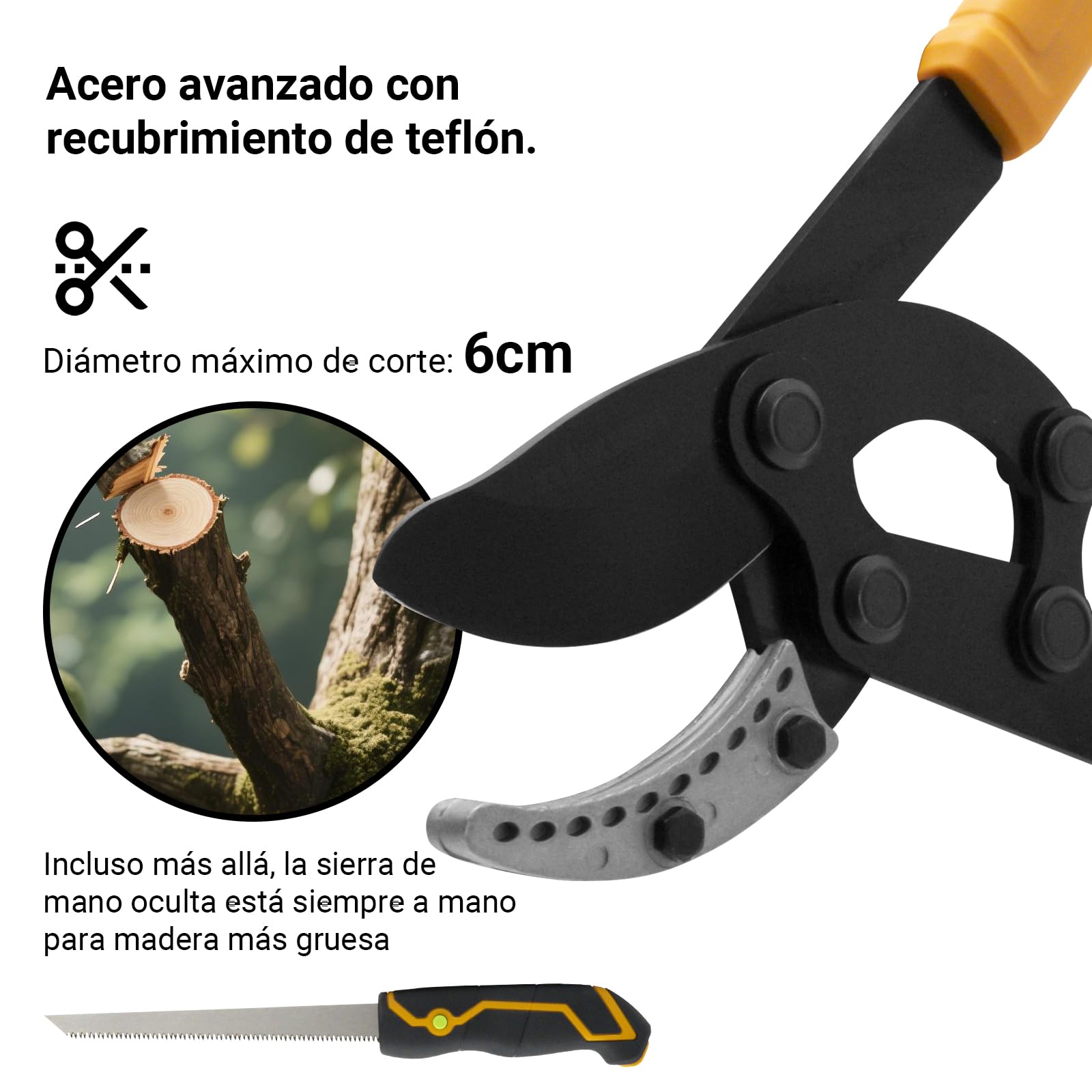 Tijeras de podar telescópicas con sierra de mano de 21 cm, tijeras de podar de 75 – 93 cm, diámetro máximo de corte de 60 mm, tamaño grande
