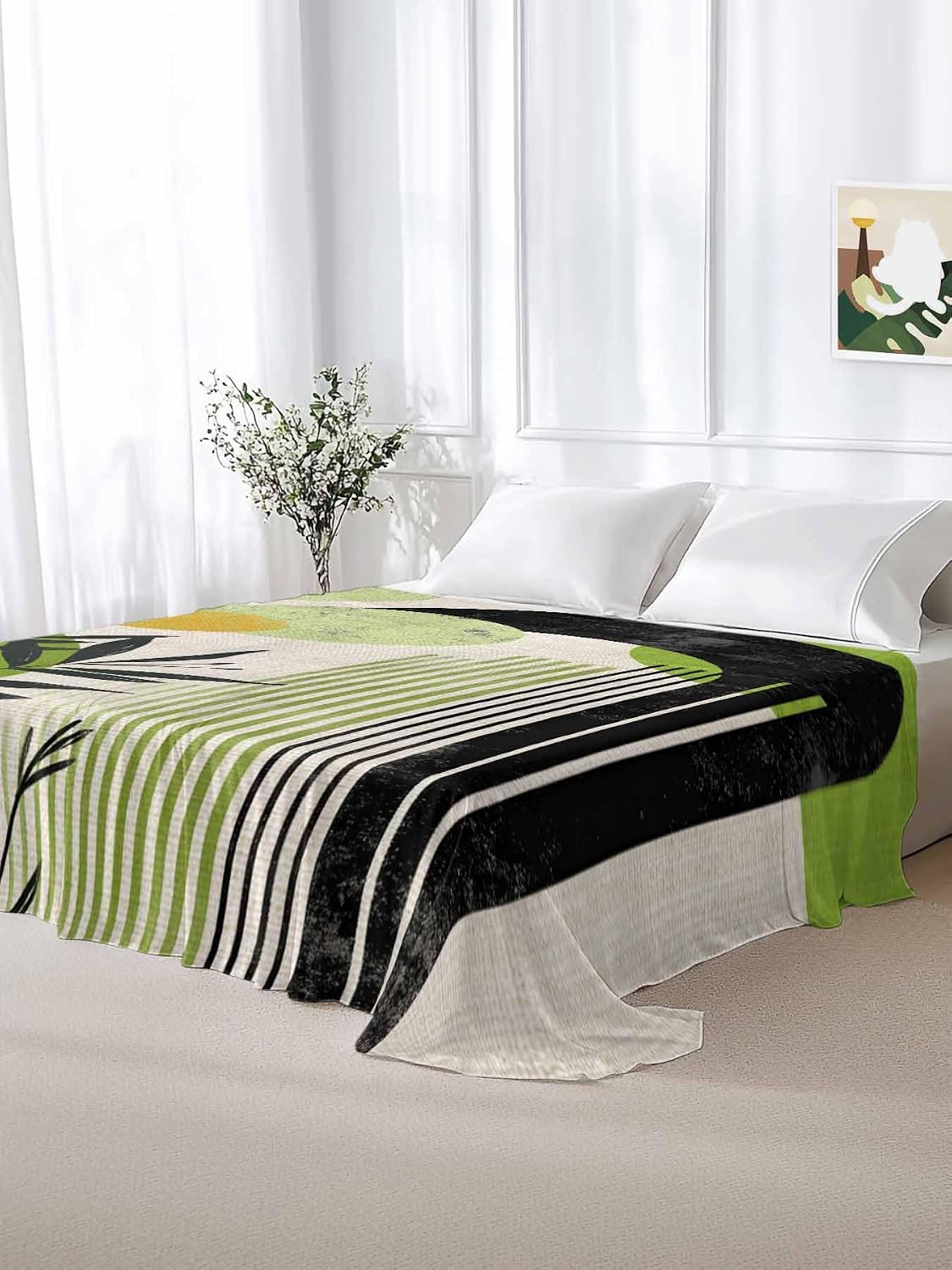 Top Sheet Full Bedding Flat Sheet Only, Mid Century Boho Green Color Block Microfiber Bed Sheets Soft Breathable Bedding Flat Sheets, Vintage Abstract Plant Hotel Luxury Top Sheets
