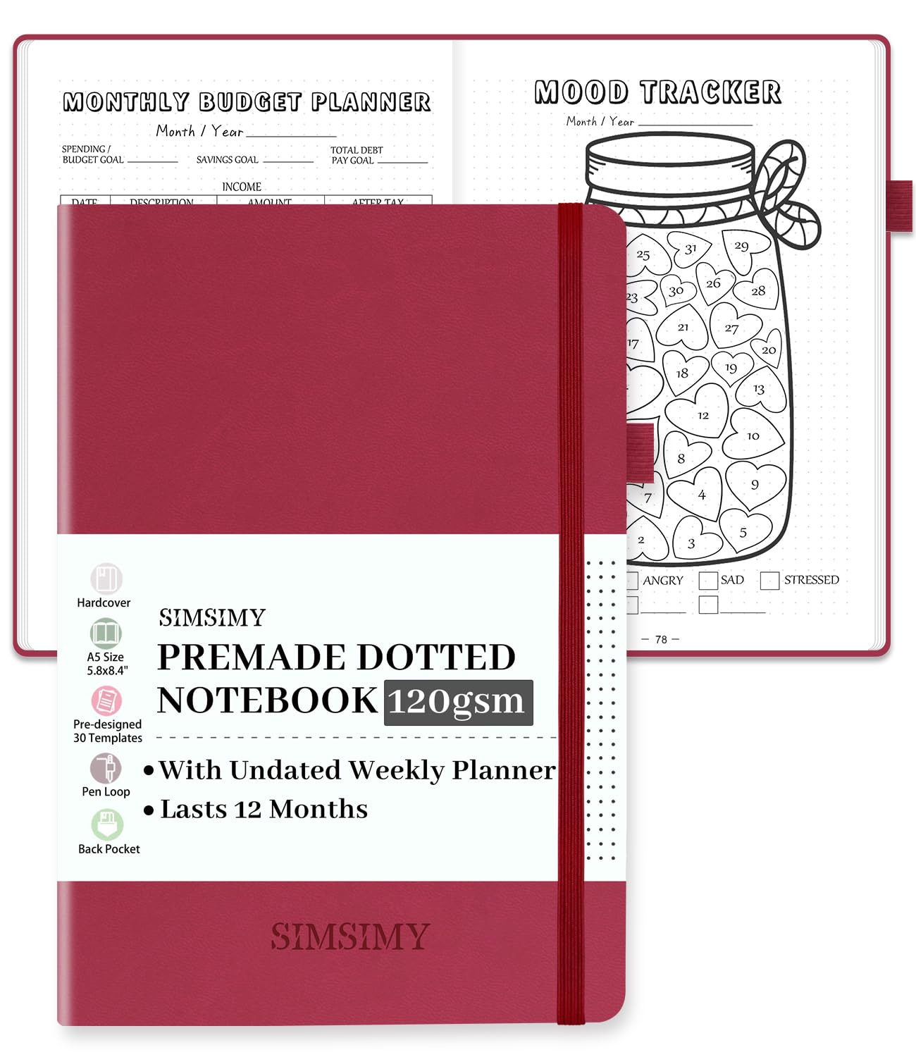 SIMSIMY Premade Dotted Journal Notebook, Pre-made Dot Grid Notebook with Undated Weekly & Monthly Planner, Trackers, Bullet Templates - 12 Months Organization, 237 Numbered Pages A5 Hardcover Leather Unknown Binding