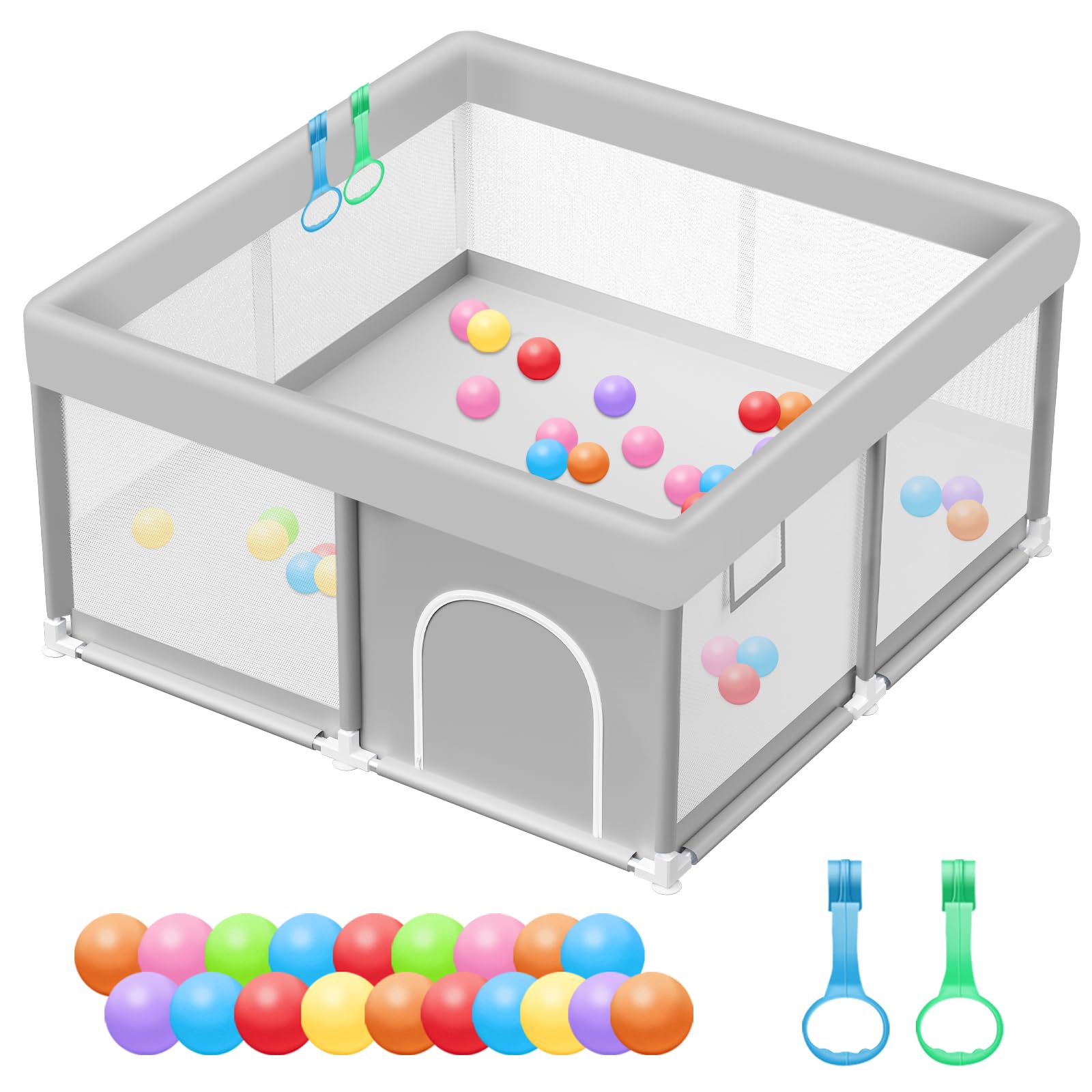 Corralito para bebés con bolas y anillos de tracción, corralito de 50 x 50 pulgadas para bebés y niños pequeños, centro de activid