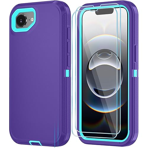 Phone Case for iPhone 16e Case with HD Screen Protector, Heavy Duty Shockproof & DustProof & Dropproof 3-Layer Cover Phone Case for iPhone 16e,PurpleSkyBlue