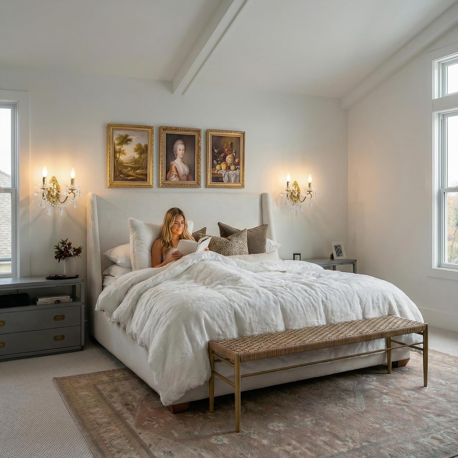 Gold Sconces Wall Decor Set of 2, Modern Vintage Hardwired Wall Mounted Light Fixtures with Iron Frame & K9 Crystal,for Bedroom Bathroom Living Room Hallway Stairway