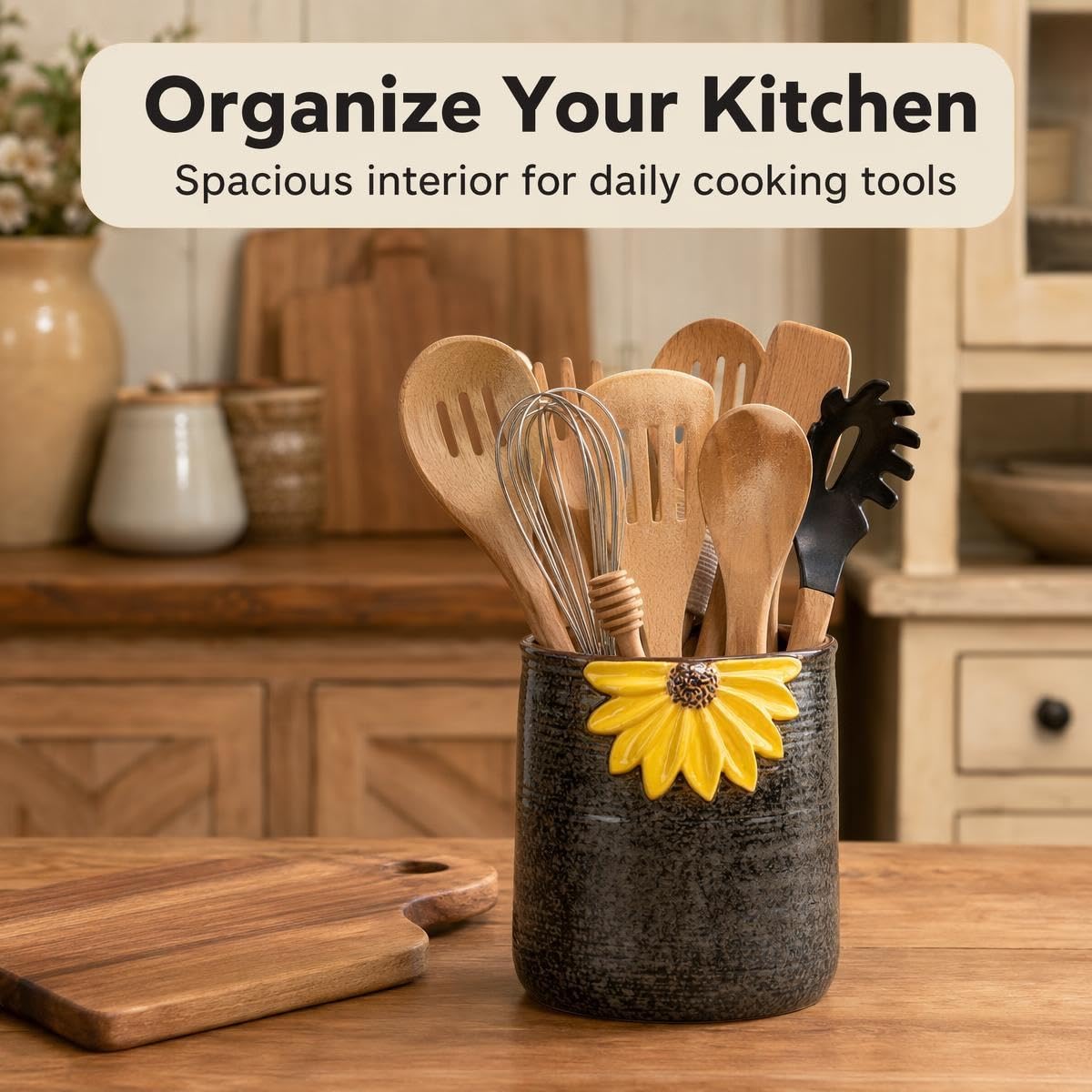Sunflower Ceramic Utensil Crock - Kitchen Holder & Vase -6