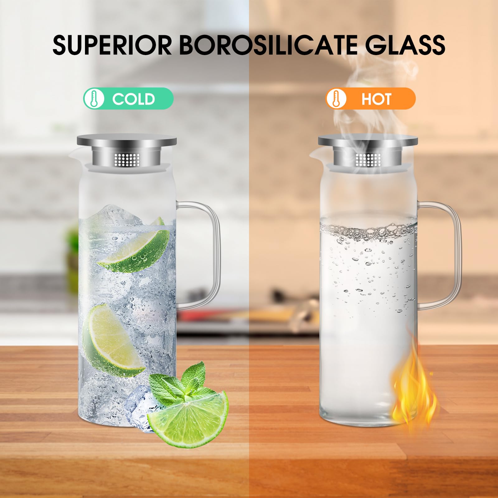 Carafe à Eau DUJUST 2 Litres - Verre Borosilicaté Design Diamant, Couvercle Bois, Pour Thé, Fruits Infusés, Lait