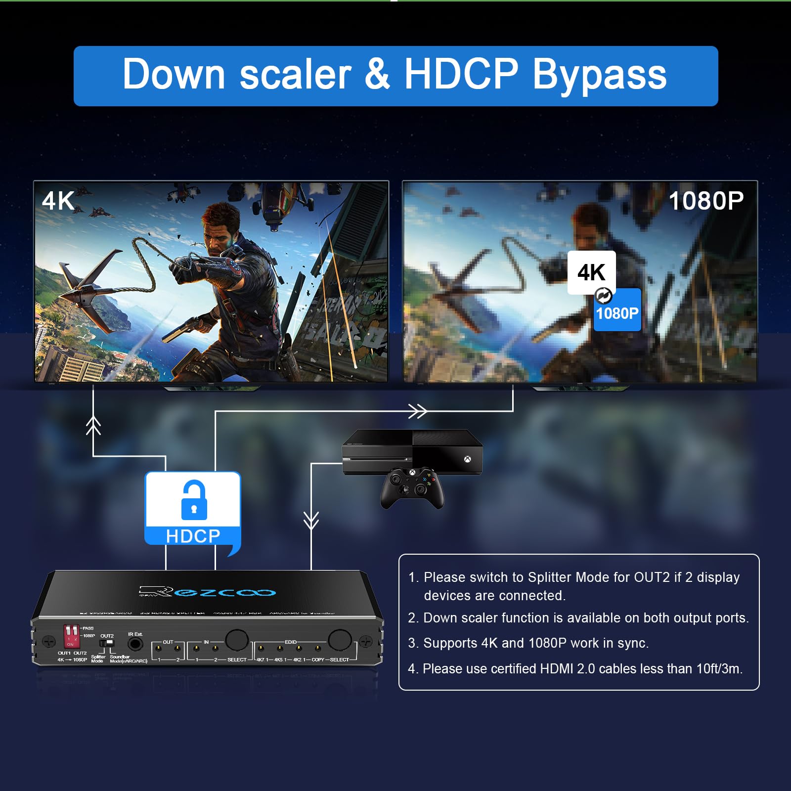 Répartiteur HDMI 4K 60 Hz ARC/eARC pour barre de son - Commutateur HDMI Bi-Direction 1 In 2 Out or 2 entrées vers 2 sorties SPDIF 5.1CH Breakout D-olby Vision Atmos HDR CEC HDCP2.2 Scaler 4K 1080 pour