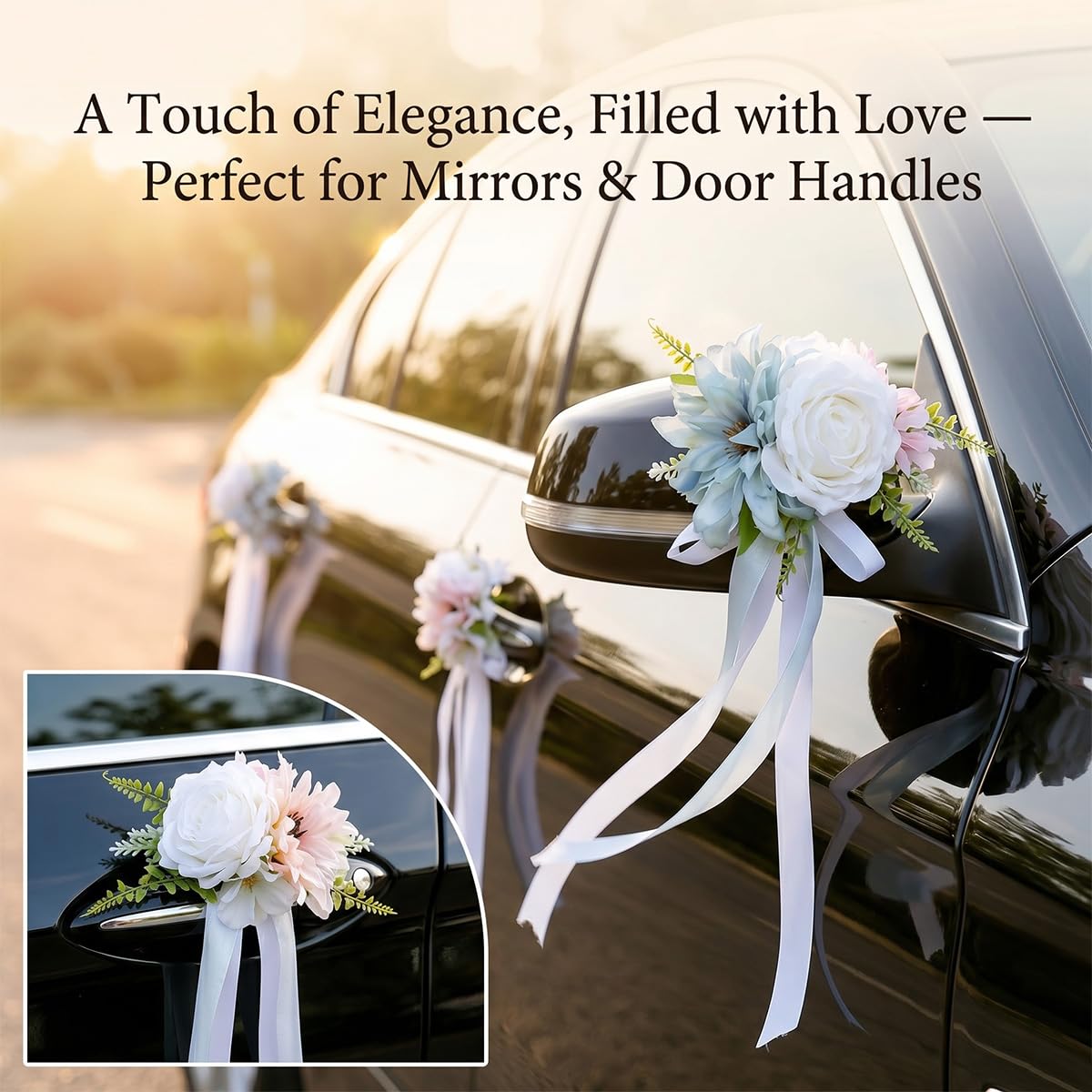 Autoschleifen Hochzeit Autoschmuck, Seidenblume Dekoration Simulation Rose Schleife, Künstliche Blume mit Satinband für Auto-Rückspiegel Türgriff und Stuhlsitze bei HochzeitenHellgelb