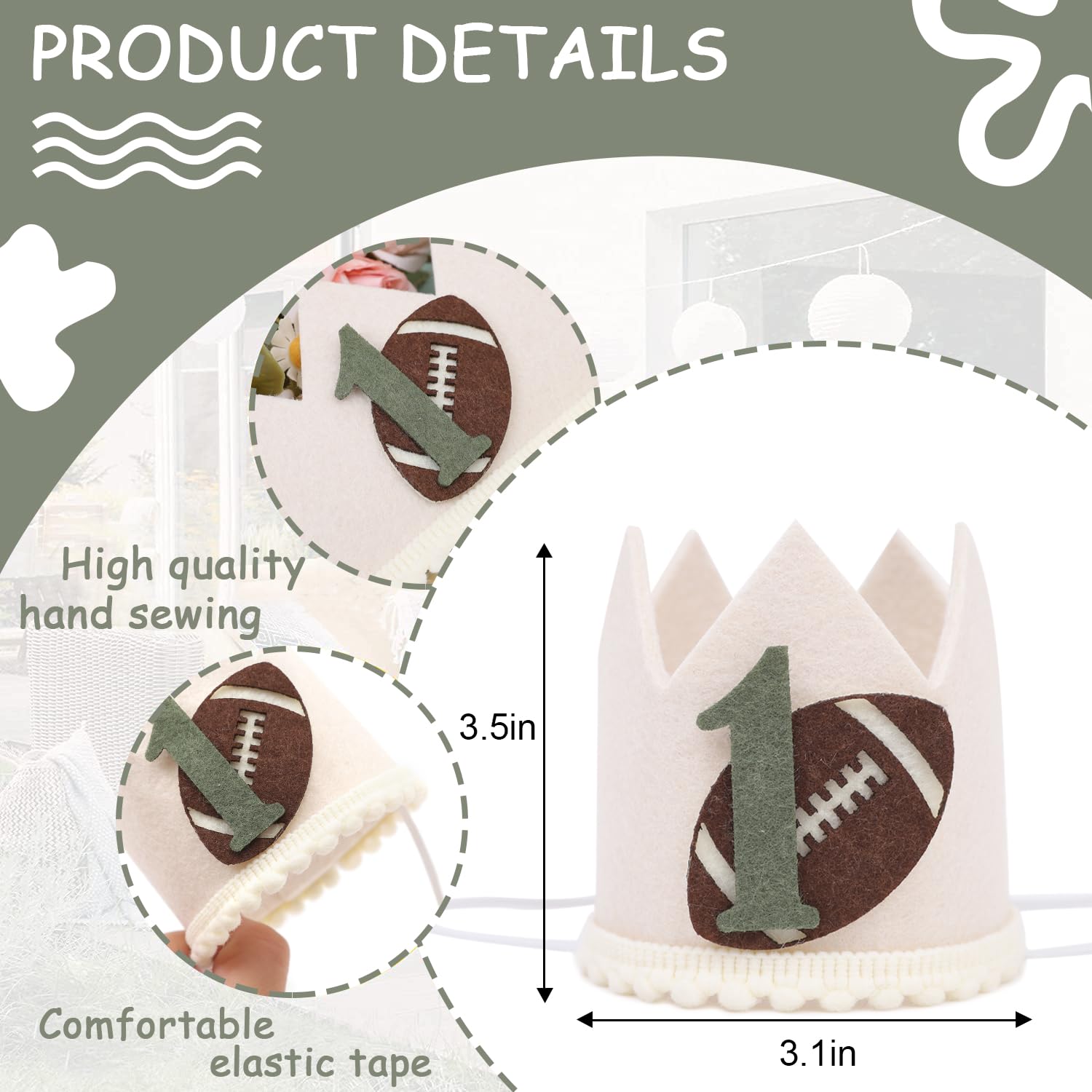 YOUAME First Year Down Crown - Boys 1st Birthday Football Party Hat, American Football Themed Party Decorations, Boy's First Year Cake Smash Photo Props