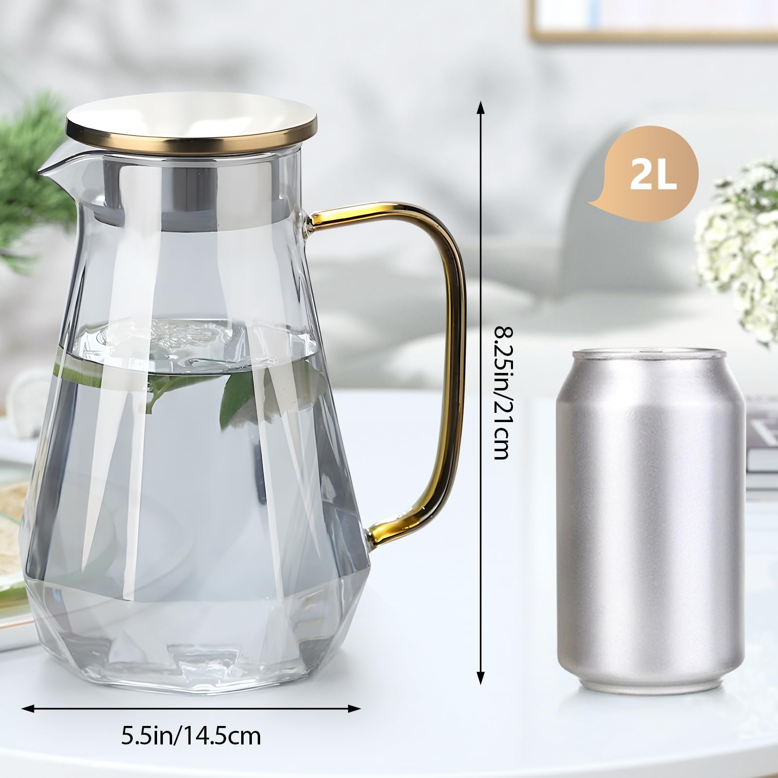 Glass Water Jug 2L, Large Borosilicate Water Pitcher with Lid, Heat Resistant & Fridge Safe Carafe - Image 2