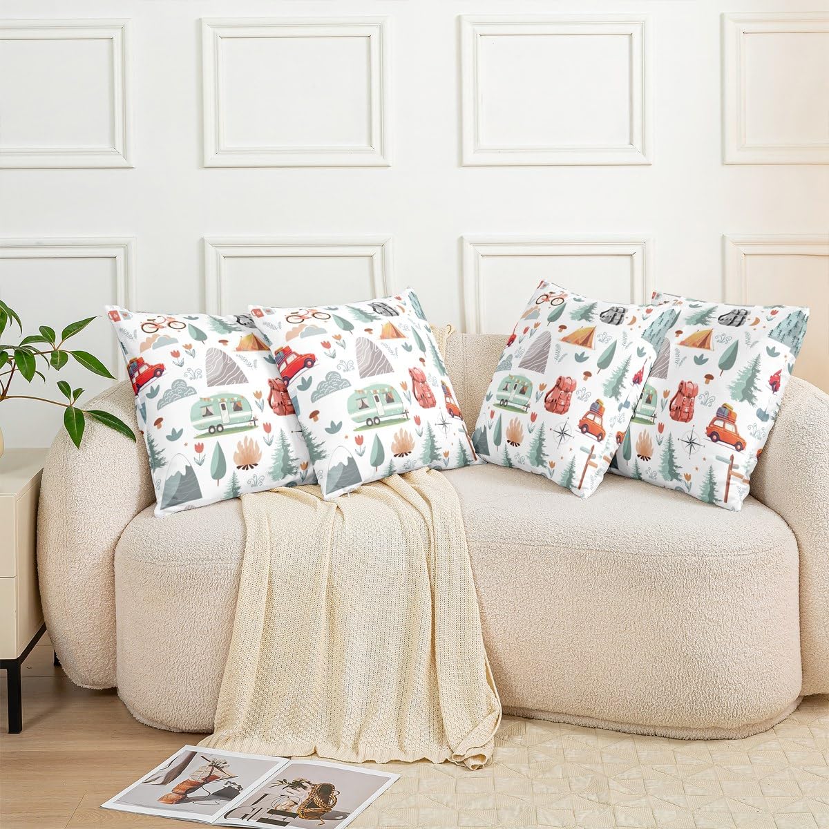 Camper Throw Pillow Cushion Cover, Bus Loaded With Luggage Cruising In