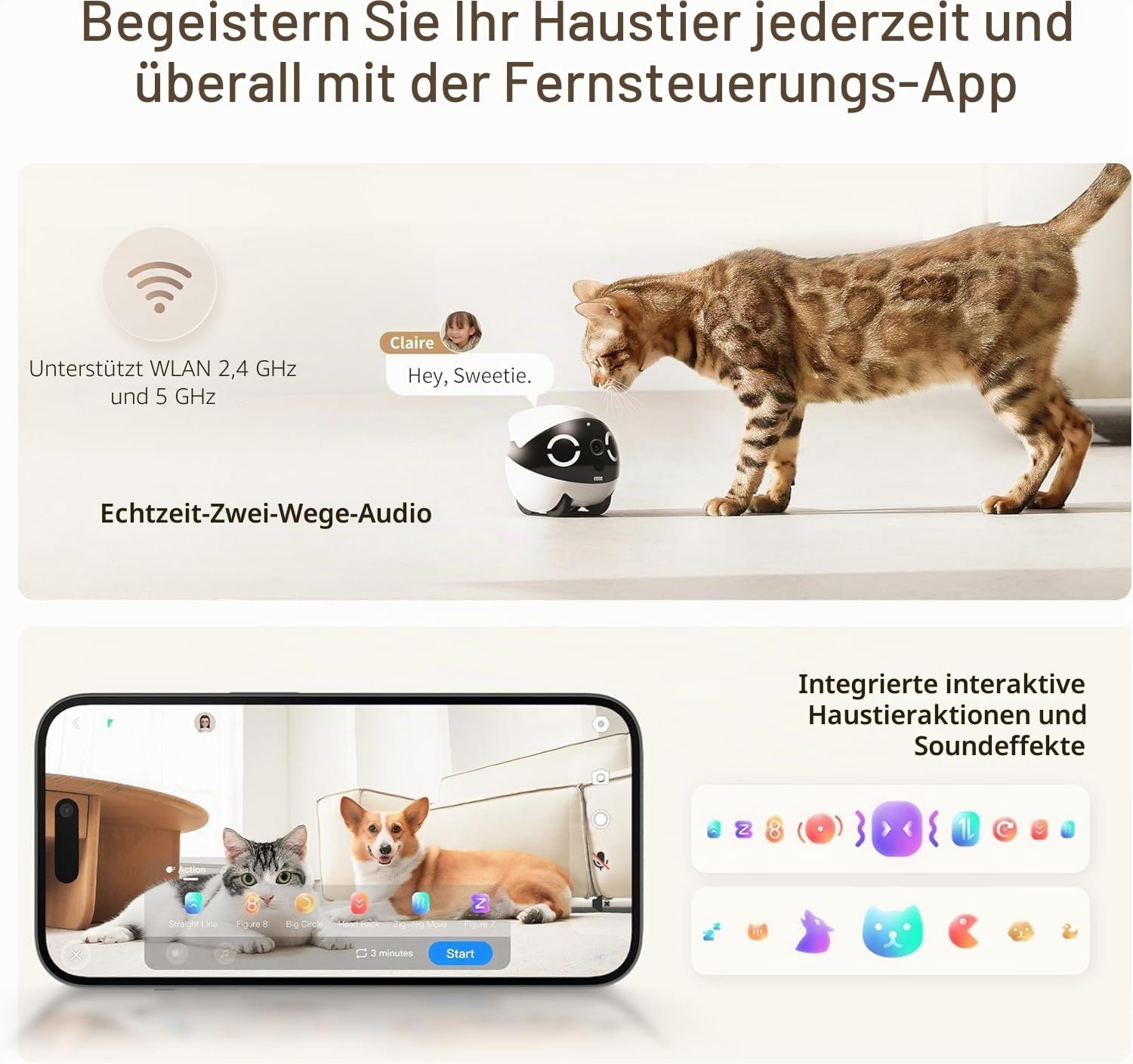 Enabot ROLA Mini Funny Pet Companion Robot, 2K Haustierkamera, Fahrbare Heimtierkamera mit One-Touch-Anruf & 2-Wege-Audio, Katzen Kamera mit IR-Nachtsicht & 5000 mAh Akku