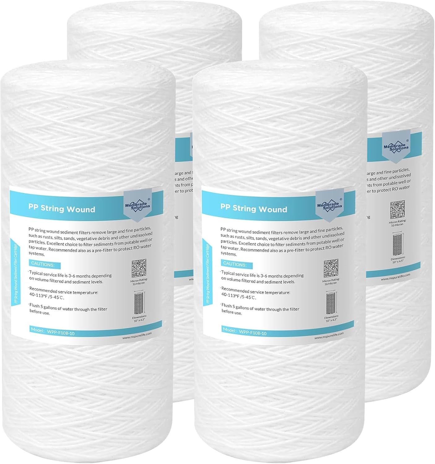 Membrane Solutions 5 Micron 10""x4.5"" String Wound Whole House Water Filter Replacement Cartridge Universal Sediment Filters for Well Water - 4 Pack, WPP-F10B-5