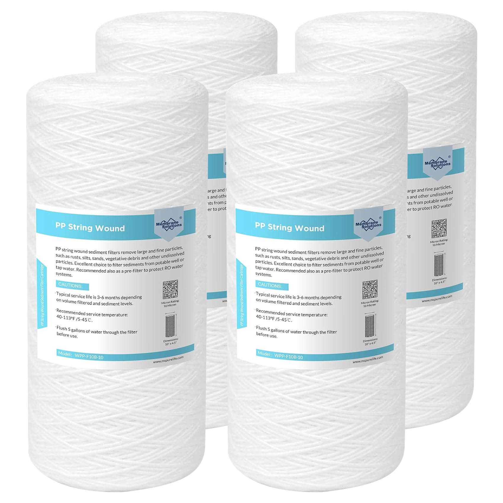 Membrane Solutions10 Micron 10"x4.5" String Wound Whole House Water Filter Replacement Cartridge Universal Sediment Filters for Well Water - 4 Pack