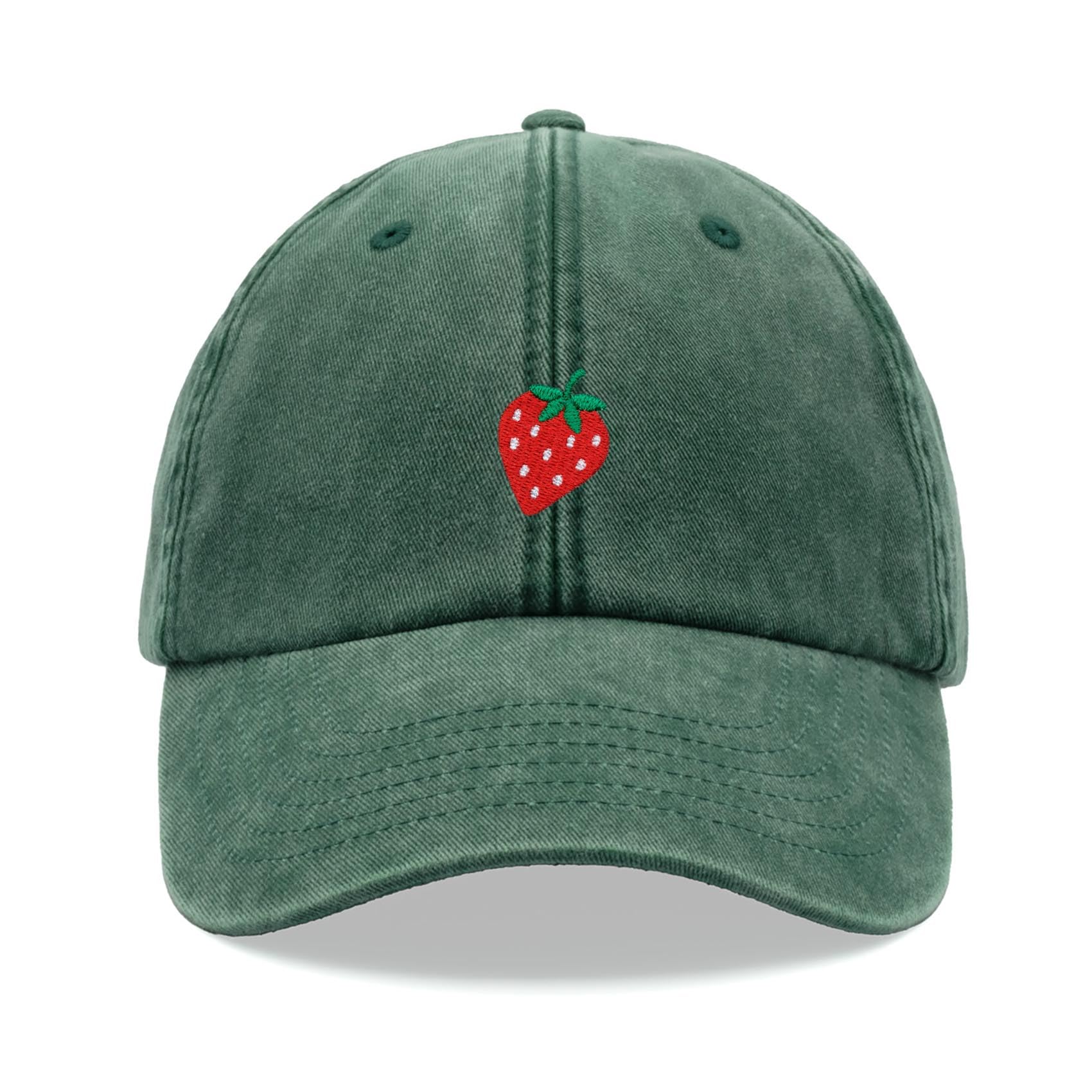 Strawberry Baseball Cap Vintage Washed Unisex Dad Hat Low Profile Adjustable Bottle Green