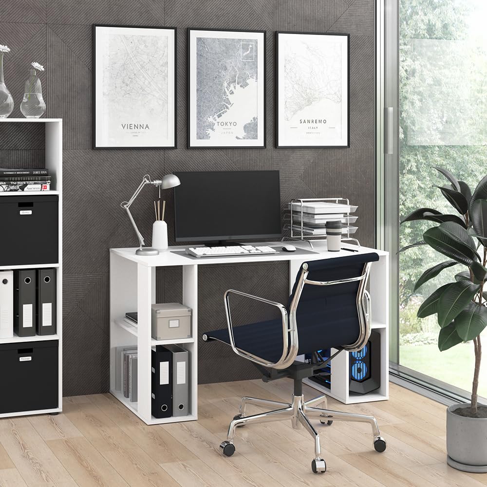 Vicco Bureau Arian, Blanc, 130x60cm | avec compartiments latéraux ouverts pour espace de rangement supplémentaire