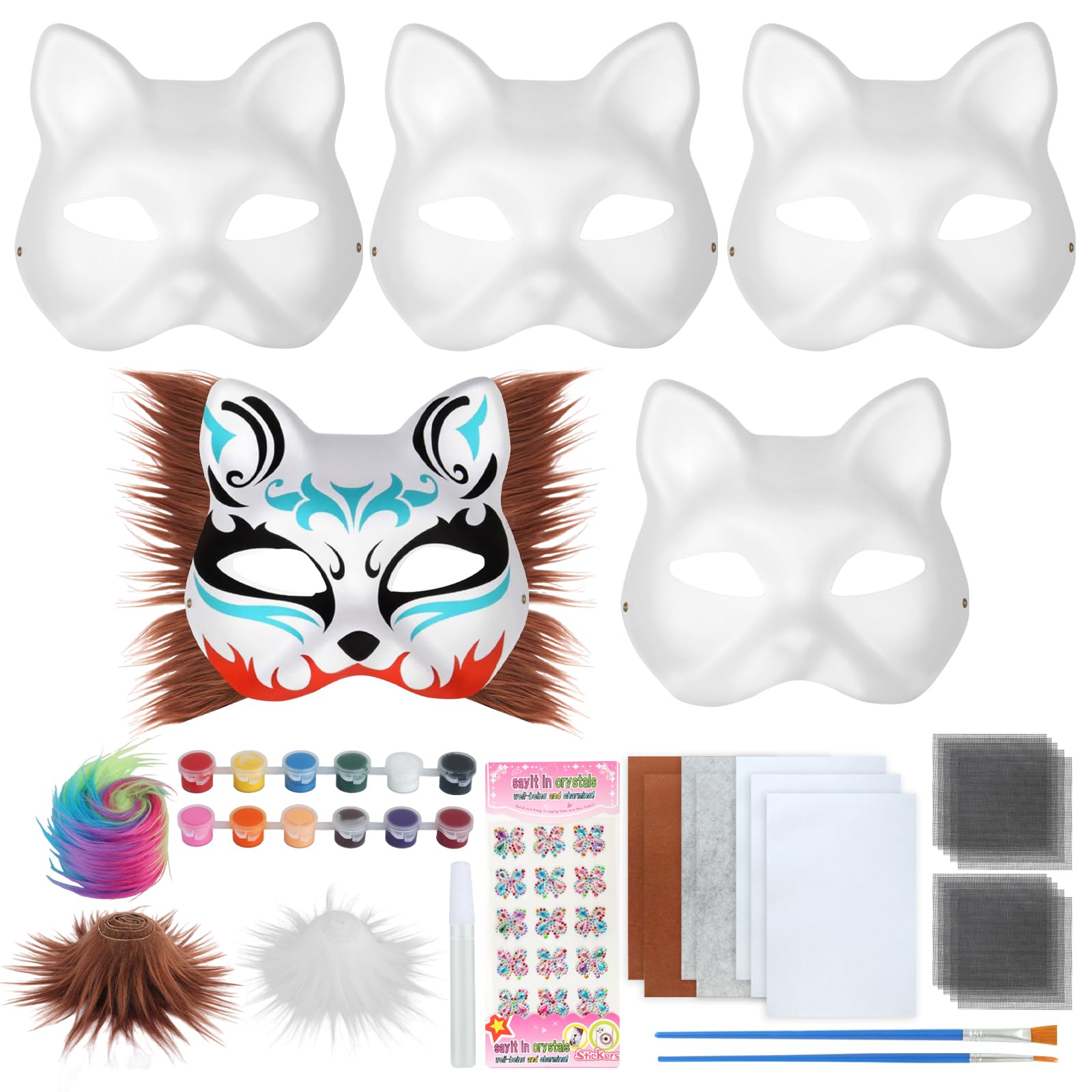 5 Pcs Cat Masks to Decorate, Therian Mask Kit, Pure White Paper Cat Masks, DIY Blank Fox Masks, Felt Fabric Plush Faux Fur Eye Plastic Mesh Sheet Sticker Brushes and Paints for Masquerade Mask Cosplay