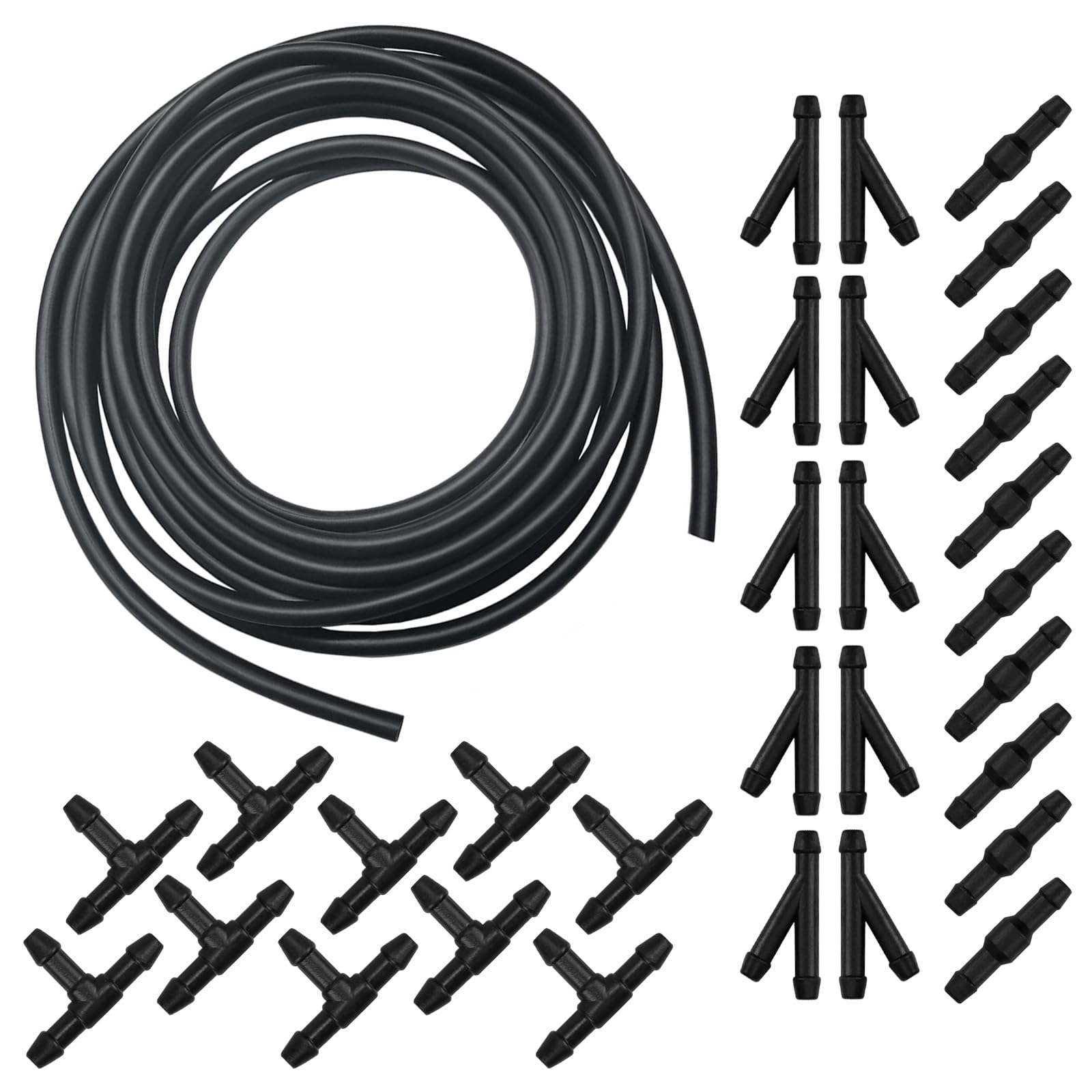 Pack-30 Car Windshield Washer Hose Kit, 13 Ft Flexible Leak-proof Rubber Hose, with T-type Y-type I-type Hose Connector, Universal Connection Water Pump and Nozzle Accessories for Cars (Black)