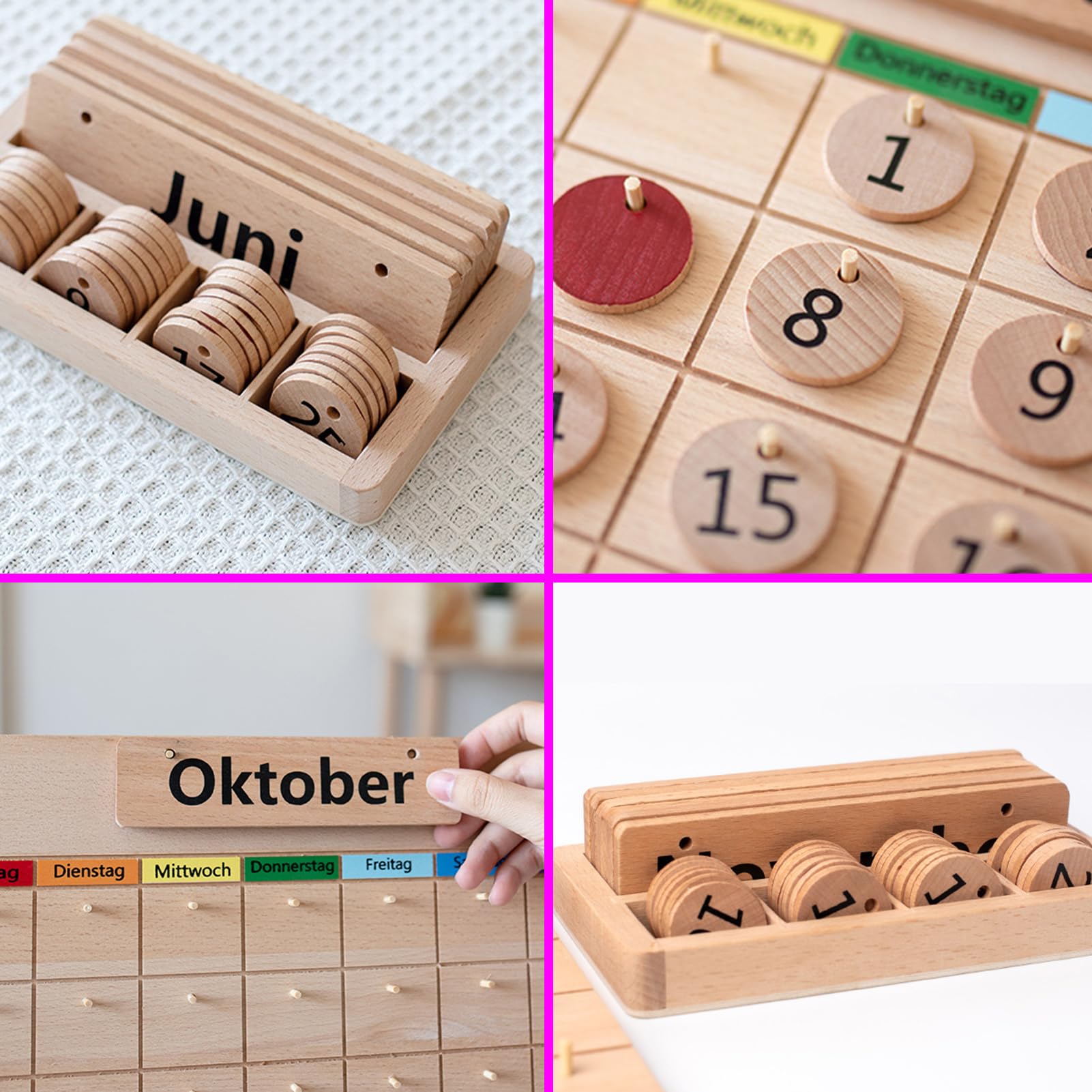 Calendario perpetuo de madera, calendario de madera para niños, calendario magnético de juguete de madera, estaciones de aprendizaje para niños, meses y días del año