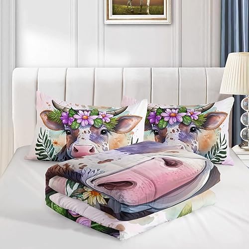 Miniatura 3 de CVHOUSE Juego de edredón de vaca kawaii tamaño matrimonial, lindo juego de ropa de cama de vaca rosa para niñas y niños, juego de edredón de vaca
