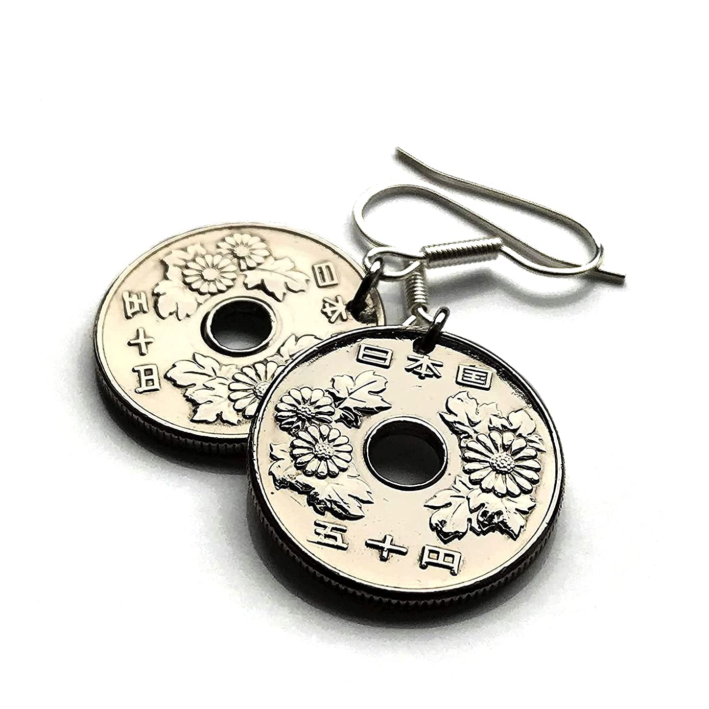 Japan Nippon Nihon 50 Yen coin earrings Japanese Chrysanthemum flower chrysanths mums Tokyo Osaka Kobe Nagoya Fukuoka Okinawa Sapporo Hiroshima Chiba Shibuya Kyoto Sendai Akita Yokohama e000059