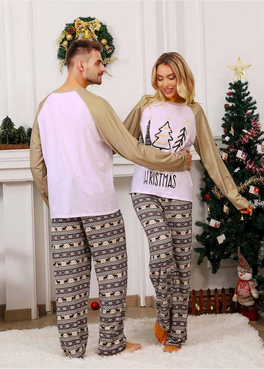 VNVNE Family Matching Christmas Pajamas Sets,Holiday Casual Xmas PJs Set Classic Long Sleeved with Long Pants Sleepwear