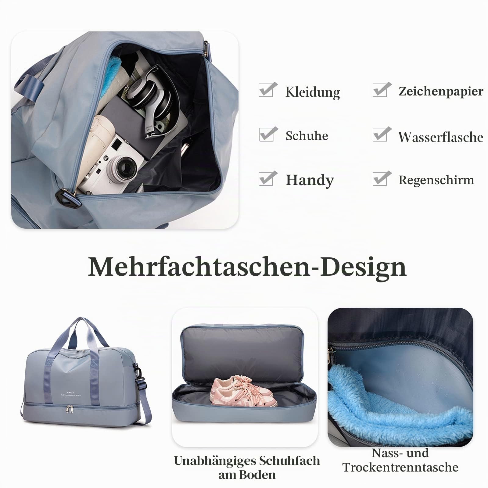 CORIOS Nylon Sporttasche für Herren/Damen Reisetaschen Duffle Bag Weekender Übernachtung Tasche Fitnesstasche Schwimmtasche Trainingstasche Kabinenreisetasche für Reisen Sport Fitnessstudio Hellrosa