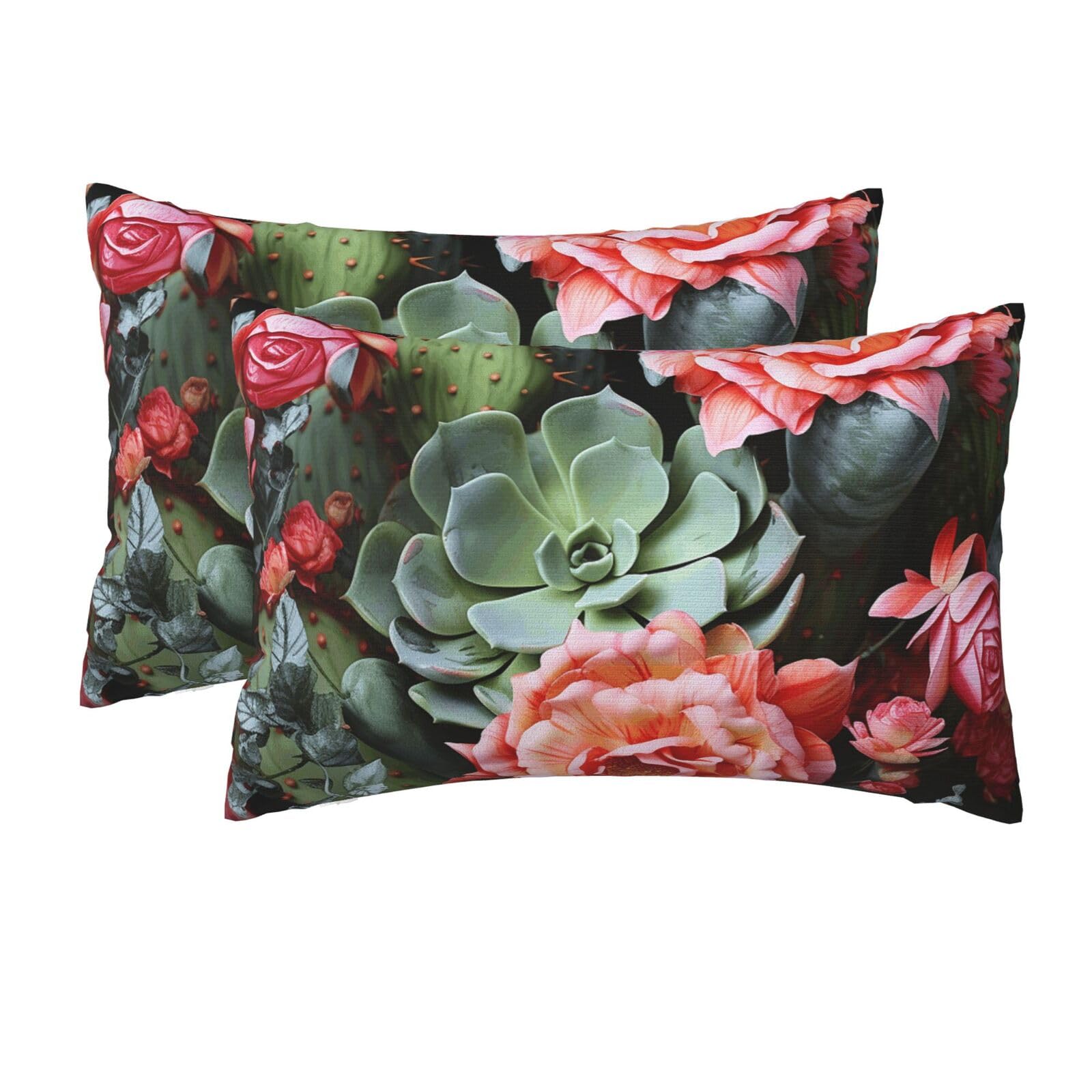 2 Pack Queen Pillow Cases with Hidden Zipper, Soft Breathable Pillow Covers for Hair and Skin, Roses Flowers and Cactus Pillowcases 20"x30" Bed Pillow Protectors Cover for Sleeping Gifts