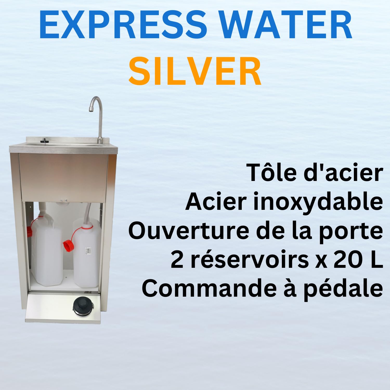 Express Water Silver, Lavabo, Portable, Autonome, Transportable, avec Réservoir d'Eau, en Acier Inoxydable, avec Commande à Pédale, Certifié par ASL, pour Magasins et Cabinets Médicaux