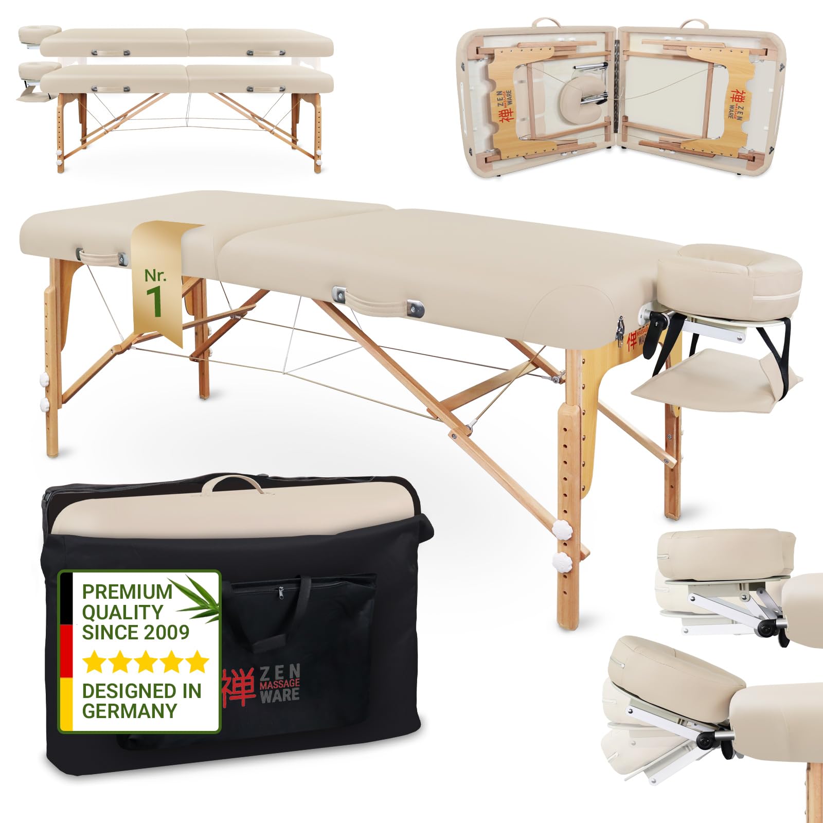 Zen – Camilla Masaje Plegable móvil de Esquinas Redondeadas Altura Regulable - Camilla estetica Madera Maciza para masajes Activos - Camilla Plegable con reposacabezas, reposabrazos y Bolsa Crema