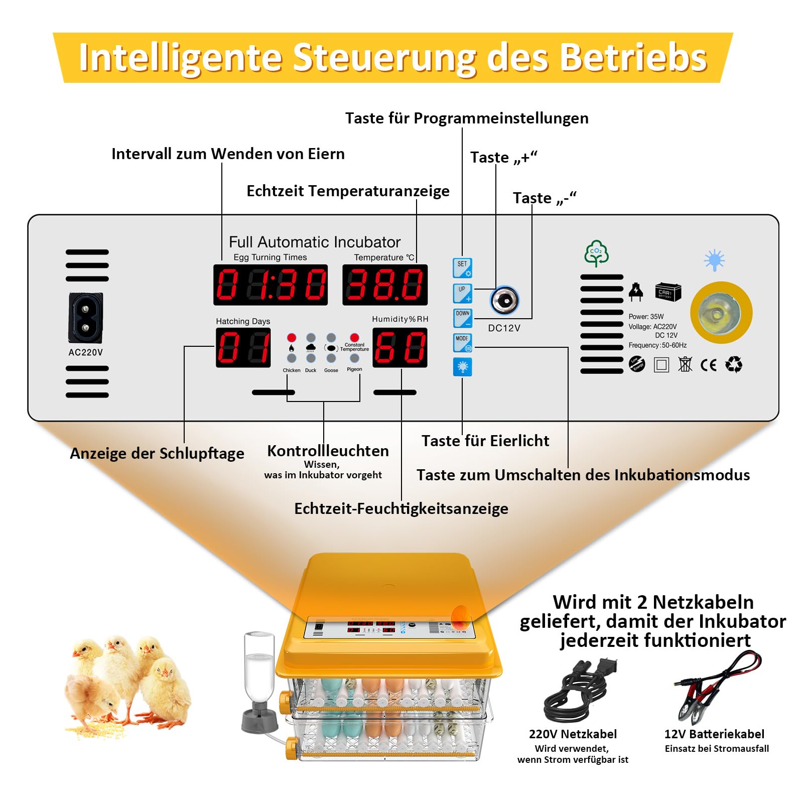 Brutautomat Vollautomatisch von 120 Eiern, Brutmaschine mit automatischer Eierwende und Feuchtigkeitsüberwachung, Temperaturkontrolle, 5 automatische Brutmodi und Brutdaueraufzeichnung