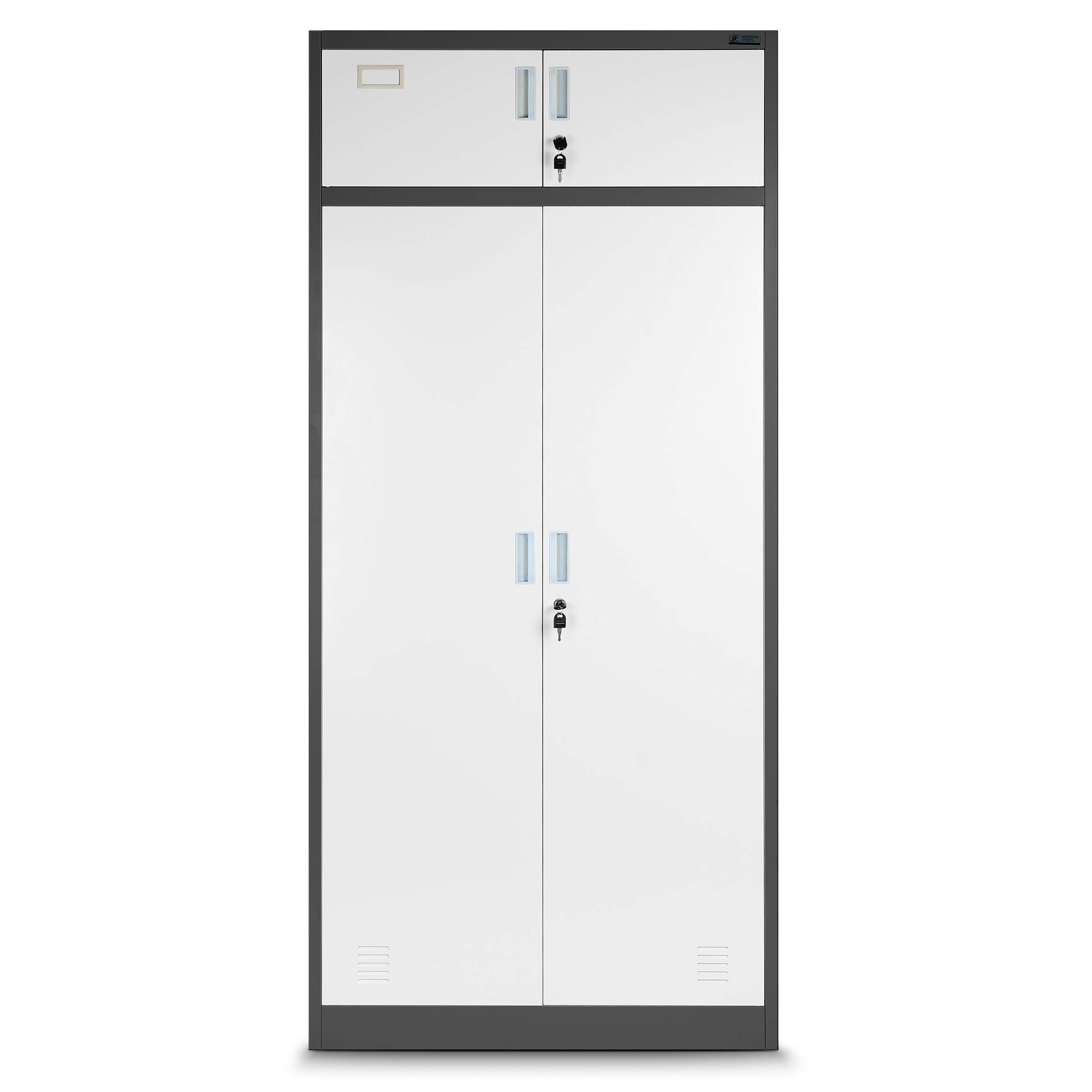 Jan Nowak Aktenschrank, Mehrzweckschrank, Spind Schrank | Geheimfach, 2 Schubladen, 4 Fachböden, Mit Kleiderstange, Spiegel, Pulverbeschichtet, Abschließbar | 185 cm x 90 cm x 50 cm Anhtrazit/Weiß